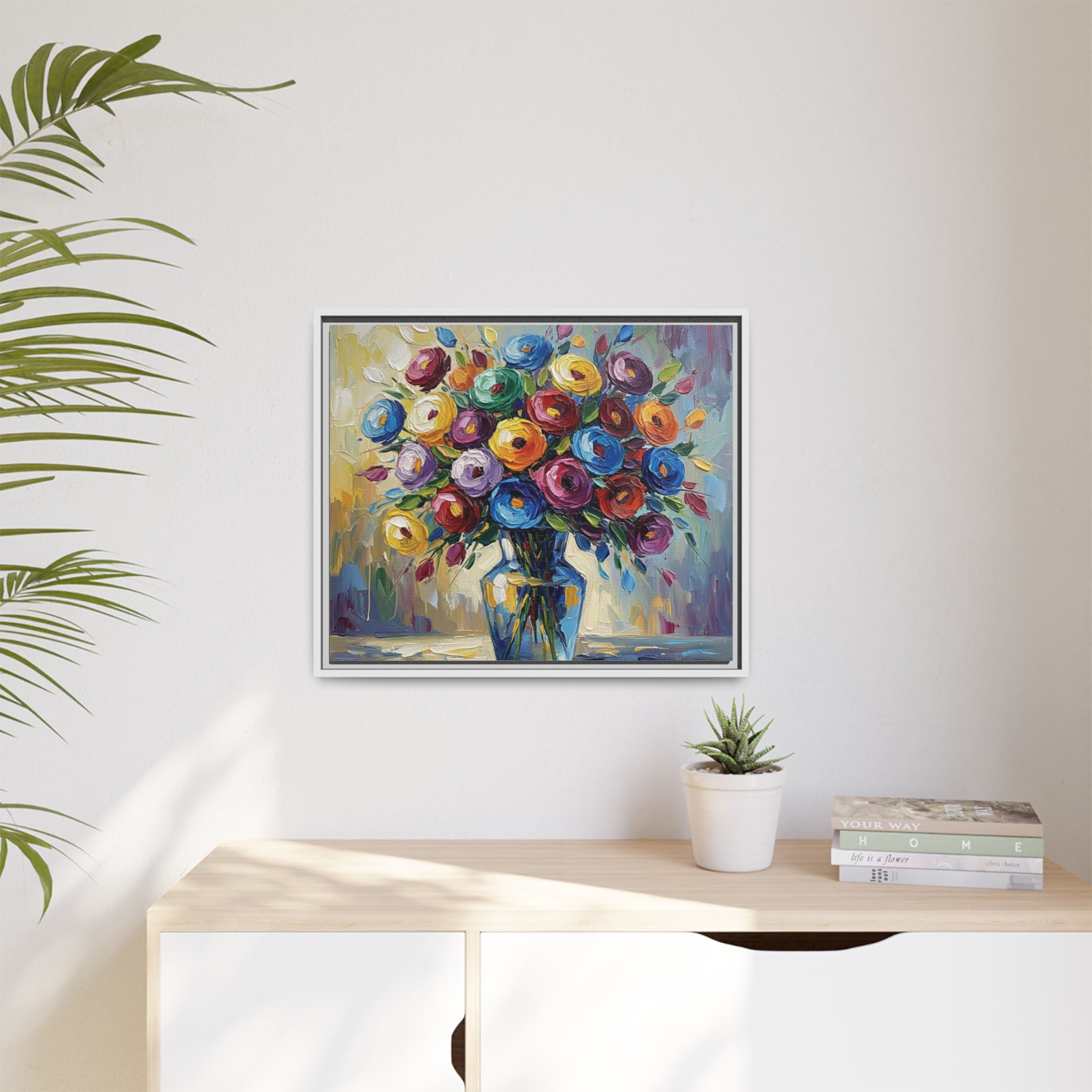 Impression sur toile bouquet floral aquarelle - Tableau mural encadré mat - Illusion de peinture à l'huile vibrante