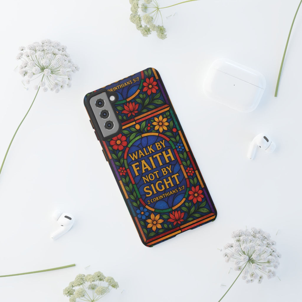 Walk by Faith Stain Glass Illusion Everywhere Christian Tough Phone Case with Bible Verse or Affirmation  Protective, Inspirational Gift for Christians