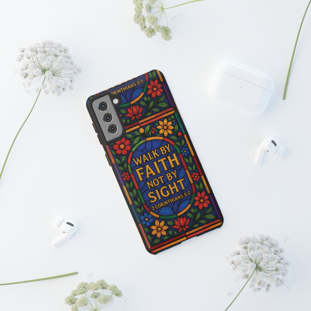 Walk by Faith Stain Glass Illusion Everywhere Christian Tough Phone Case with Bible Verse or Affirmation  Protective, Inspirational Gift for Christians