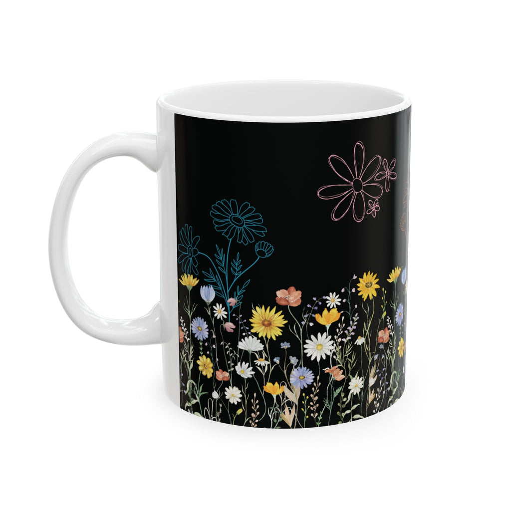 Tasse à café motif fleurs sauvages – 325 ml et 445 ml | Noire avec fleurs sauvages colorées, Tasse florale esthétique, Cadeau inspiré de la nature, Tasse compatible lave-vaisselle et micro-ondes pour maman