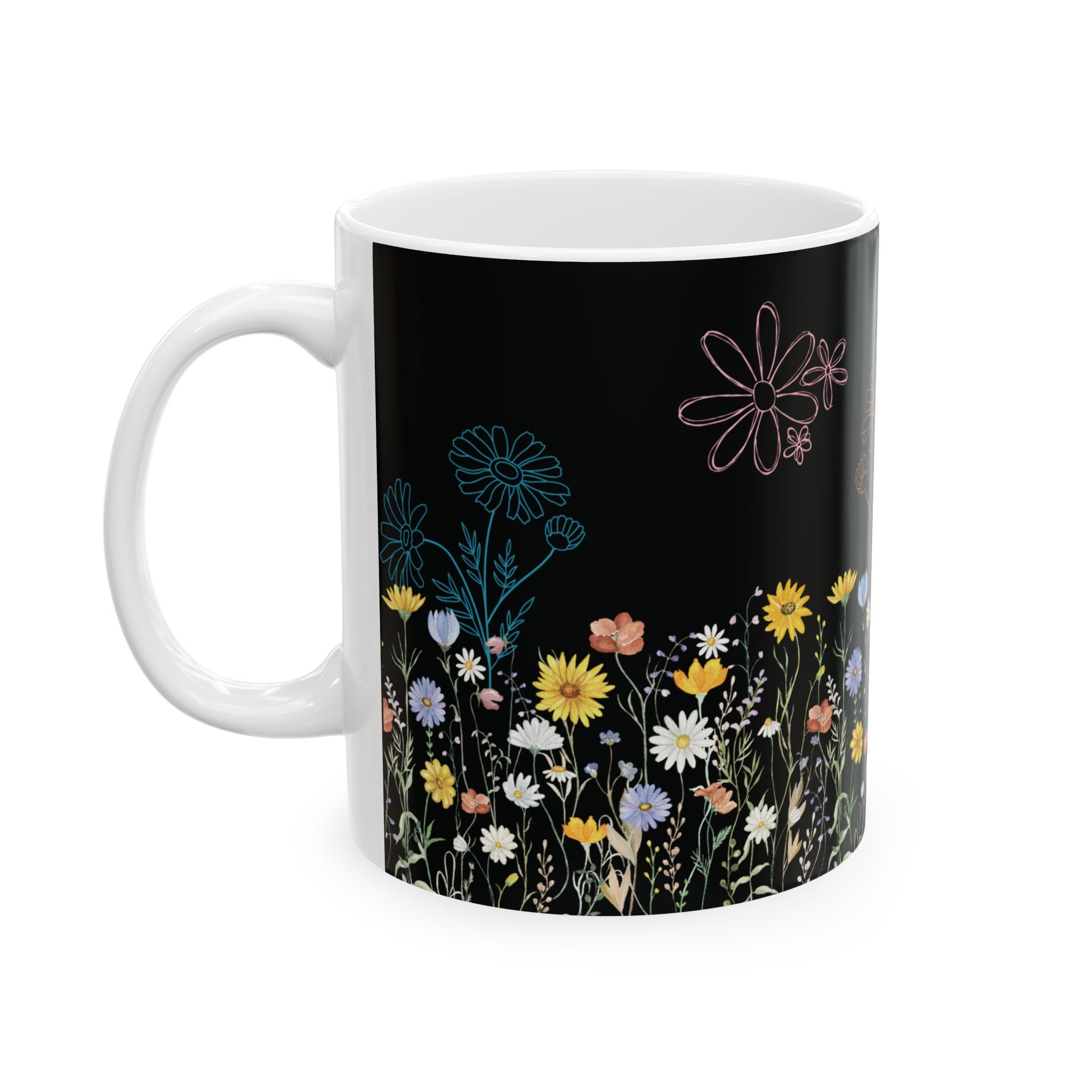 Tasse à café motif fleurs sauvages – 325 ml et 445 ml | Noire avec fleurs sauvages colorées, Tasse florale esthétique, Cadeau inspiré de la nature, Tasse compatible lave-vaisselle et micro-ondes pour maman