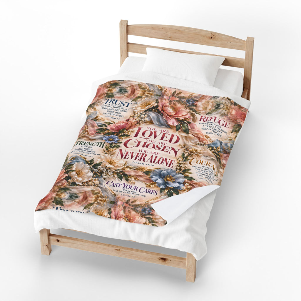 You Are Never Alone Comfort Blanket | Christian Encouragement Gift for Her | Velveteen Floral Scripture Throw