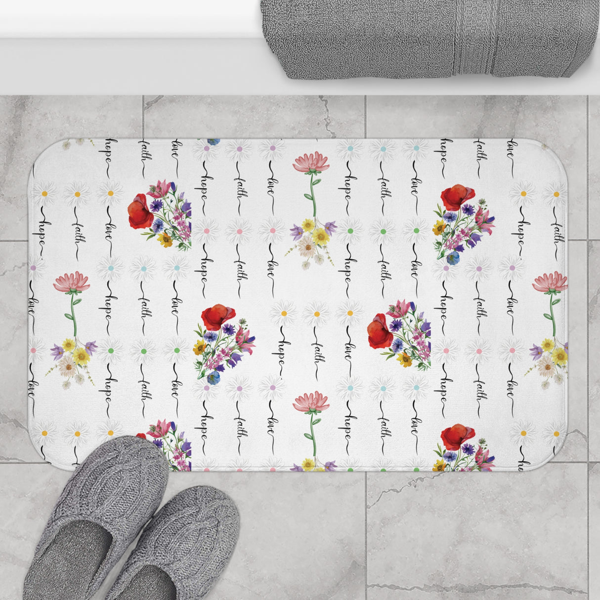 Faith, Love, and Hope Wildflower Bathmat – A Beautiful Blend of Nature’s Charm with Inspiring Words to Uplift Your Spirit and Brighten Your Bathroom