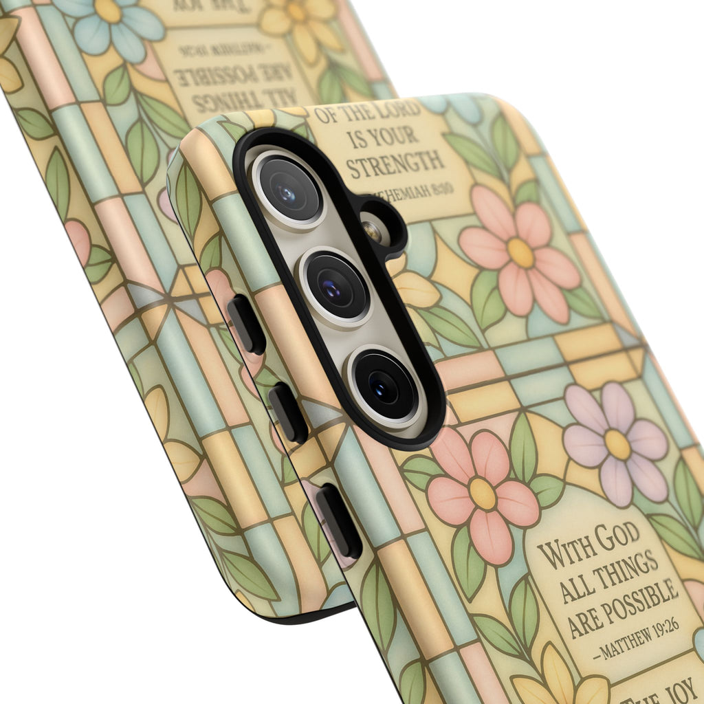 Pastel Stained Glass Bible Verse Phone Case Christian Affirmation Cover, Soft Geometric Design, iPhone Samsung Google, Faith Gift for Her Bible Verse or Affirmation | Protective, Inspirational Gift for Christians