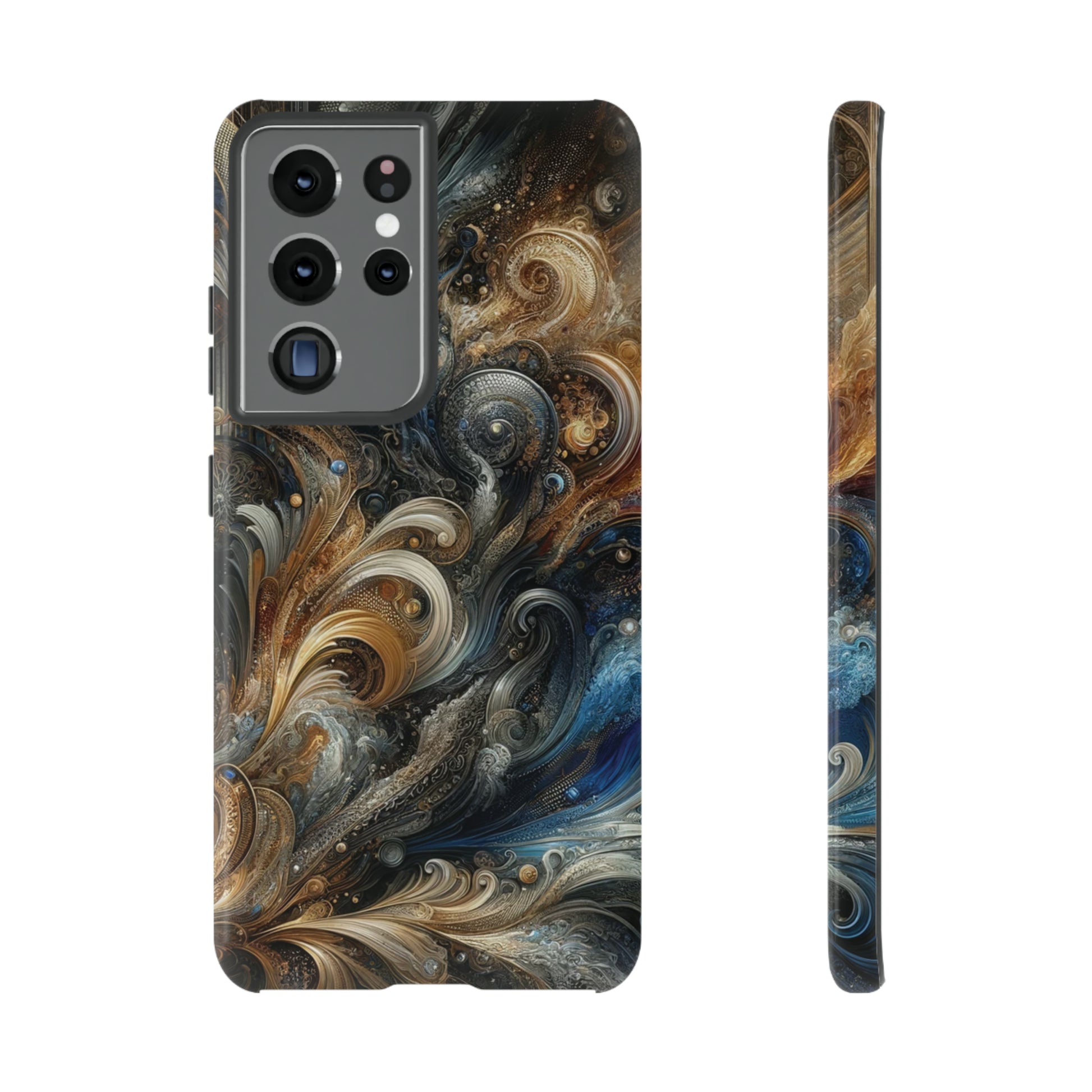 Gold and Navy Art Design Luxury Phone Tough Case Floral Elegant Durable Stylish for Modern Devices iPhone 15, Samsung iPhone Samsung Accessory Gift for Her.