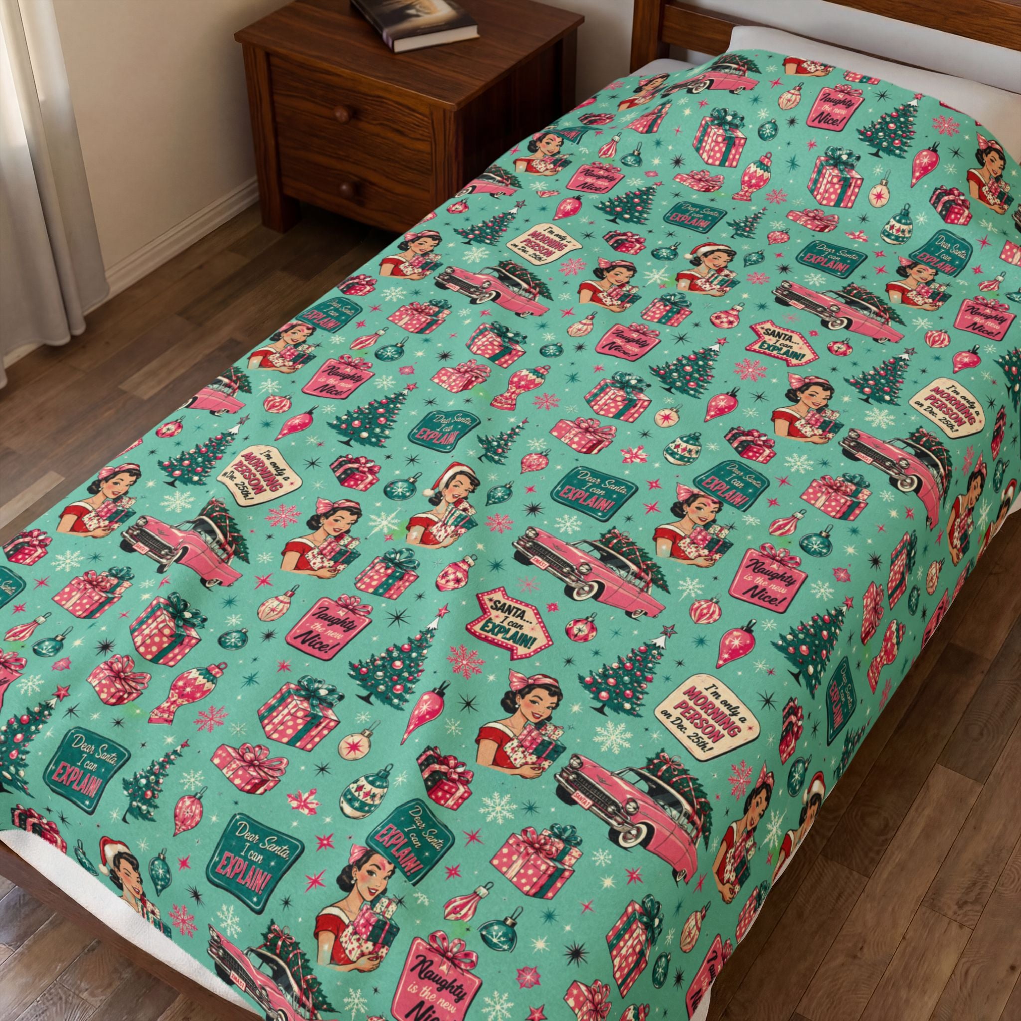 Funny Retro Pink Christmas Blanket Vintage Mid Century Holiday Throw Cozy Christmas Couch Blanket Festive Winter