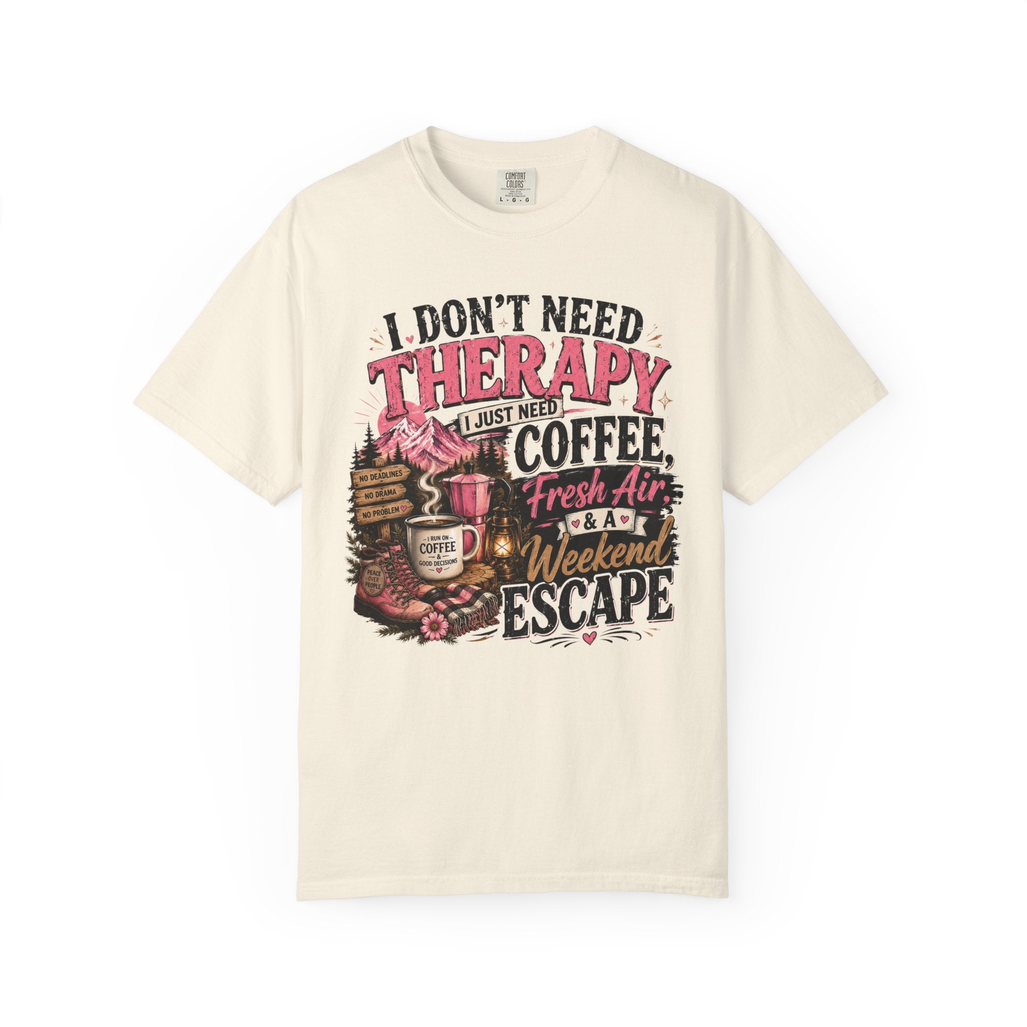 T-Shirt — “I Don’t Need Therapy, I Just Need Coffee, Fresh Air & A Weekend Escape” Vintage Coffee & Outdoors Tee
