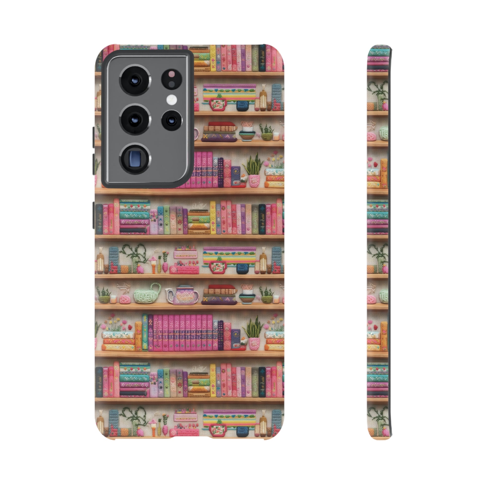 Phone Case 3D Illusion Books & Shelf Embroidery Design with Vibrant Colors Gift for Her Phone 15, Samsung iPhone Samsung Gift for Her Case iPhone 15, Samsung iPhone Samsung Accessory Gift for Her.