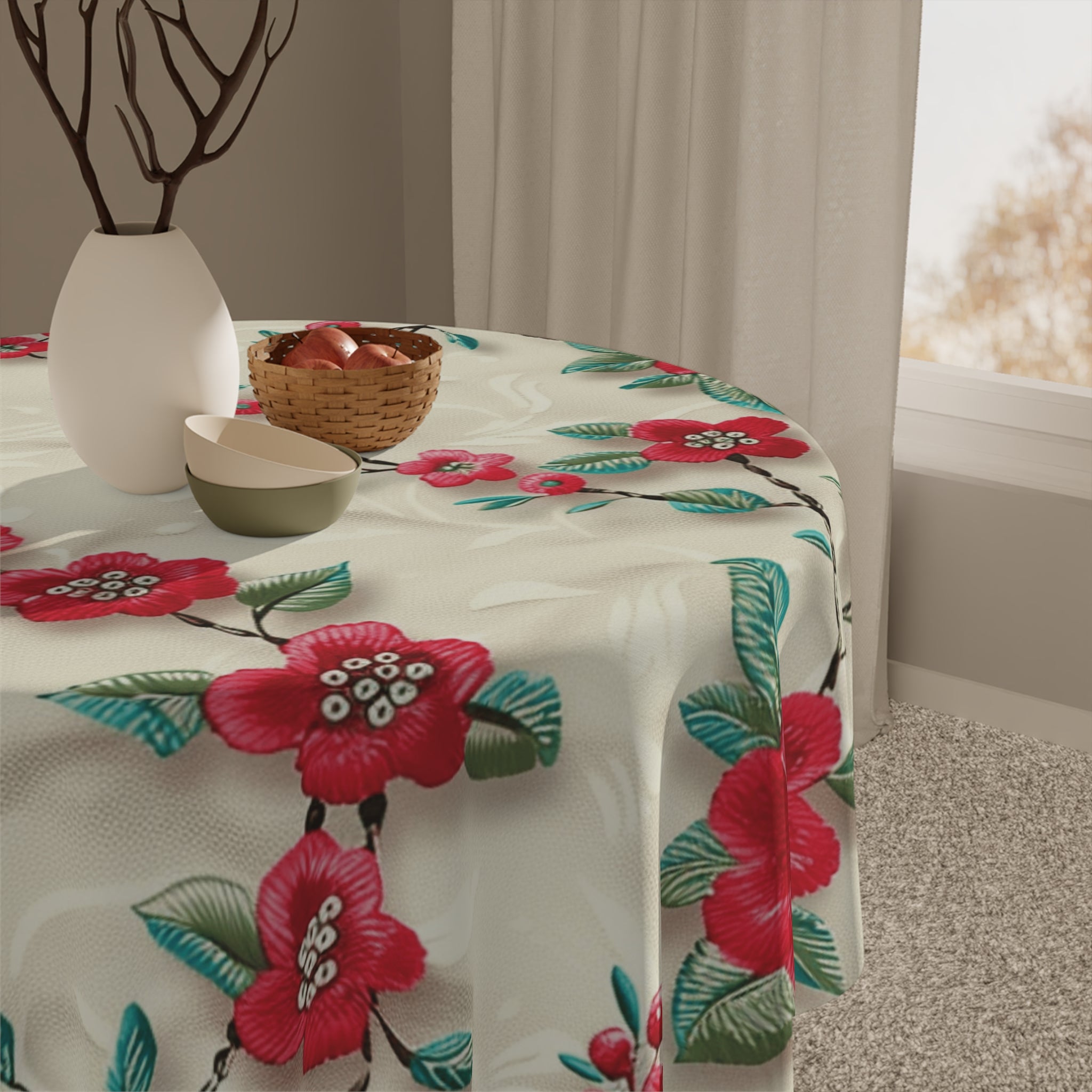 Elegant 3D Embroidery Illusion Red Flowers Tablecloth: Stylish Floral Decor for Dining Room Special Occasions (55.1"x55.1") | 100% Polyester | Soft & Lightweight | Unique Holiday Table Deco Perfect Gift for Housewarming, Parties,  all Events and Occasions - MRSBYVALLE