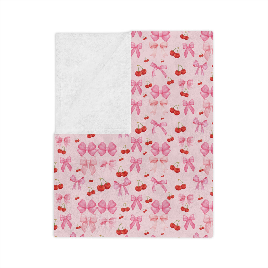 Minky Blanket Coquette Cherry Ribbon Bows Design in Luxurious 100% Polyester Cozy Comfort Throw Ultra-Soft Microfiber Comfort Blanket, Perfect for Snuggling Decor, Cozy All-Season Warmth, Comfort Housewarming Gift Throw.