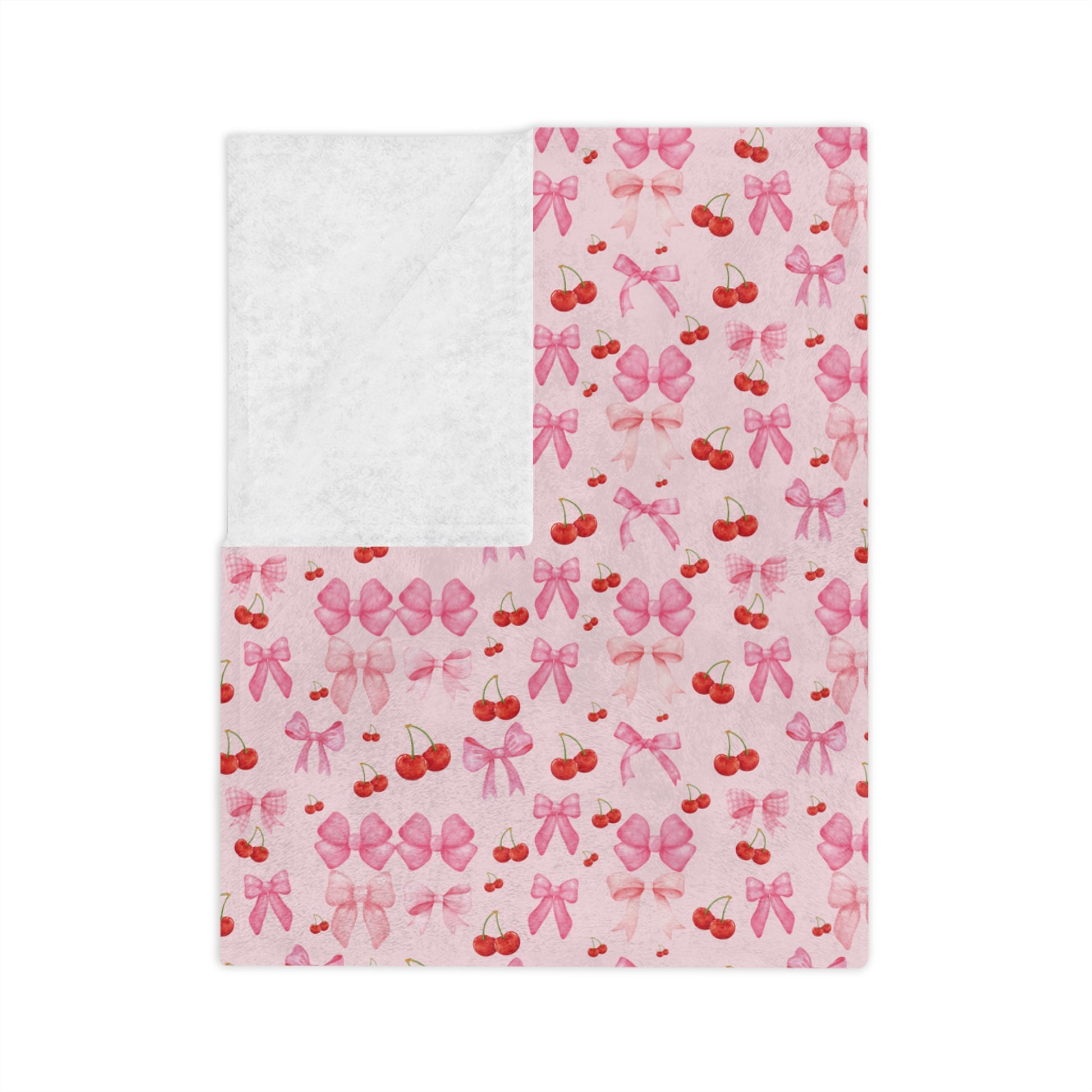 Minky Blanket Coquette Cherry Ribbon Bows Design in Luxurious 100% Polyester Cozy Comfort Throw Ultra-Soft Microfiber Comfort Blanket, Perfect for Snuggling Decor, Cozy All-Season Warmth, Comfort Housewarming Gift Throw.
