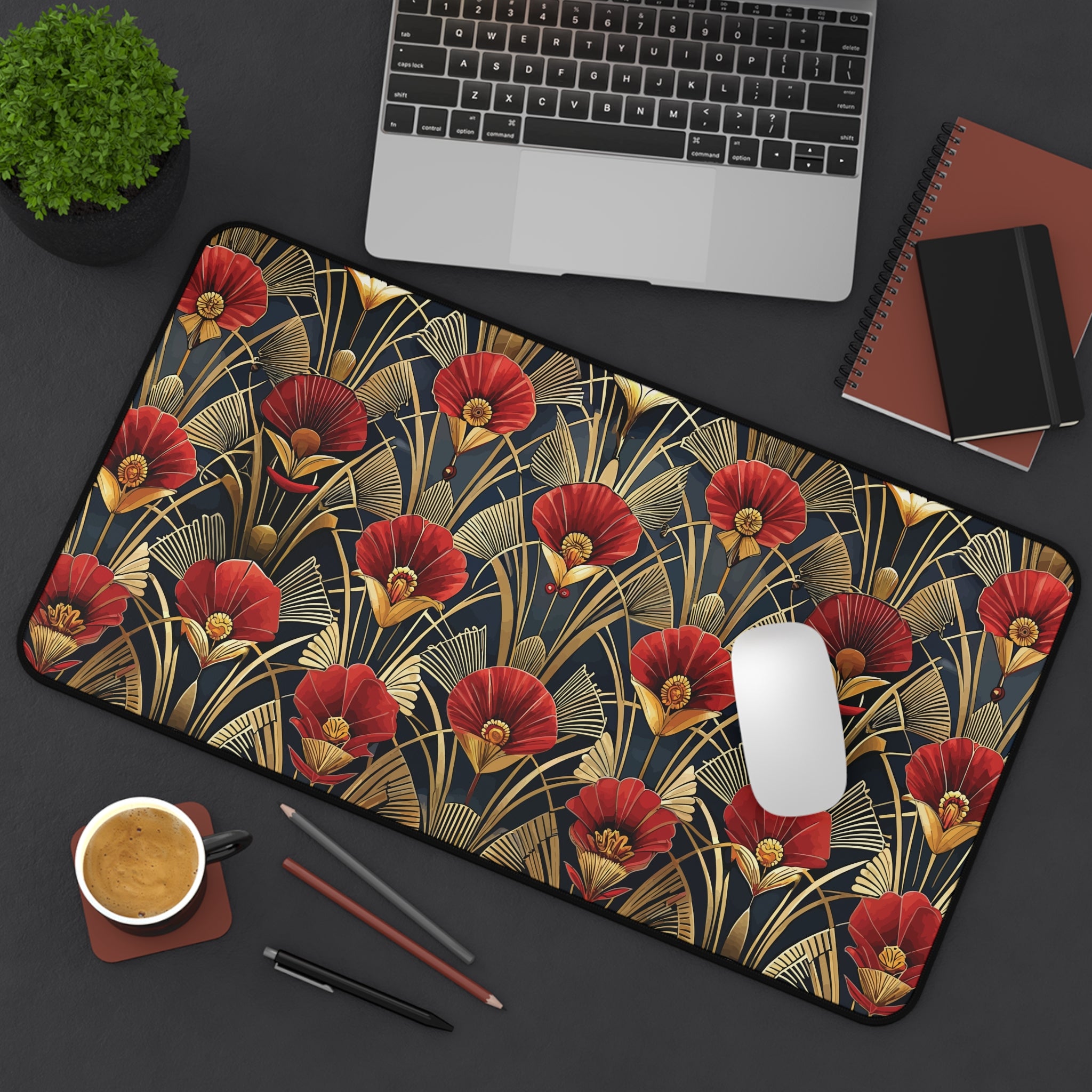 Tapis de bureau Art Déco Fleur Rouge Noir & Or — Tapis de souris floral vintage