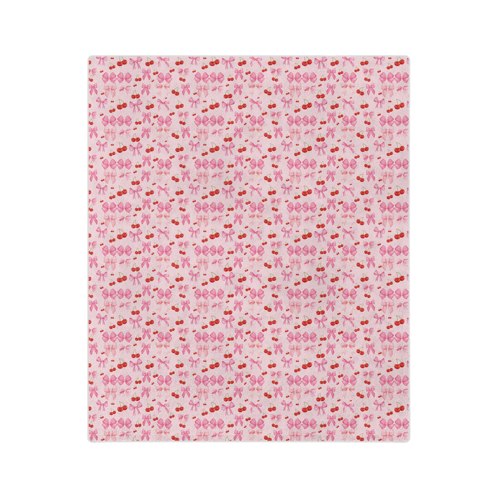 Minky Blanket Coquette Cherry Ribbon Bows Design in Luxurious 100% Polyester Cozy Comfort Throw Ultra-Soft Microfiber Comfort Blanket, Perfect for Snuggling Decor, Cozy All-Season Warmth, Comfort Housewarming Gift Throw.