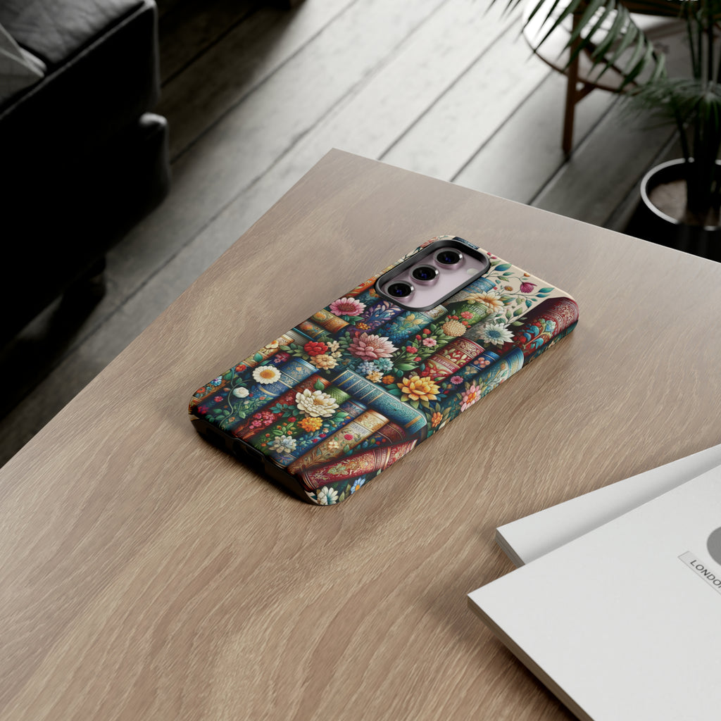 Books and Floral Boho Luxury Phone Tough Case Floral Elegant Durable Stylish for Modern Devices iPhone 15, Samsung iPhone Samsung Accessory Gift for Her.