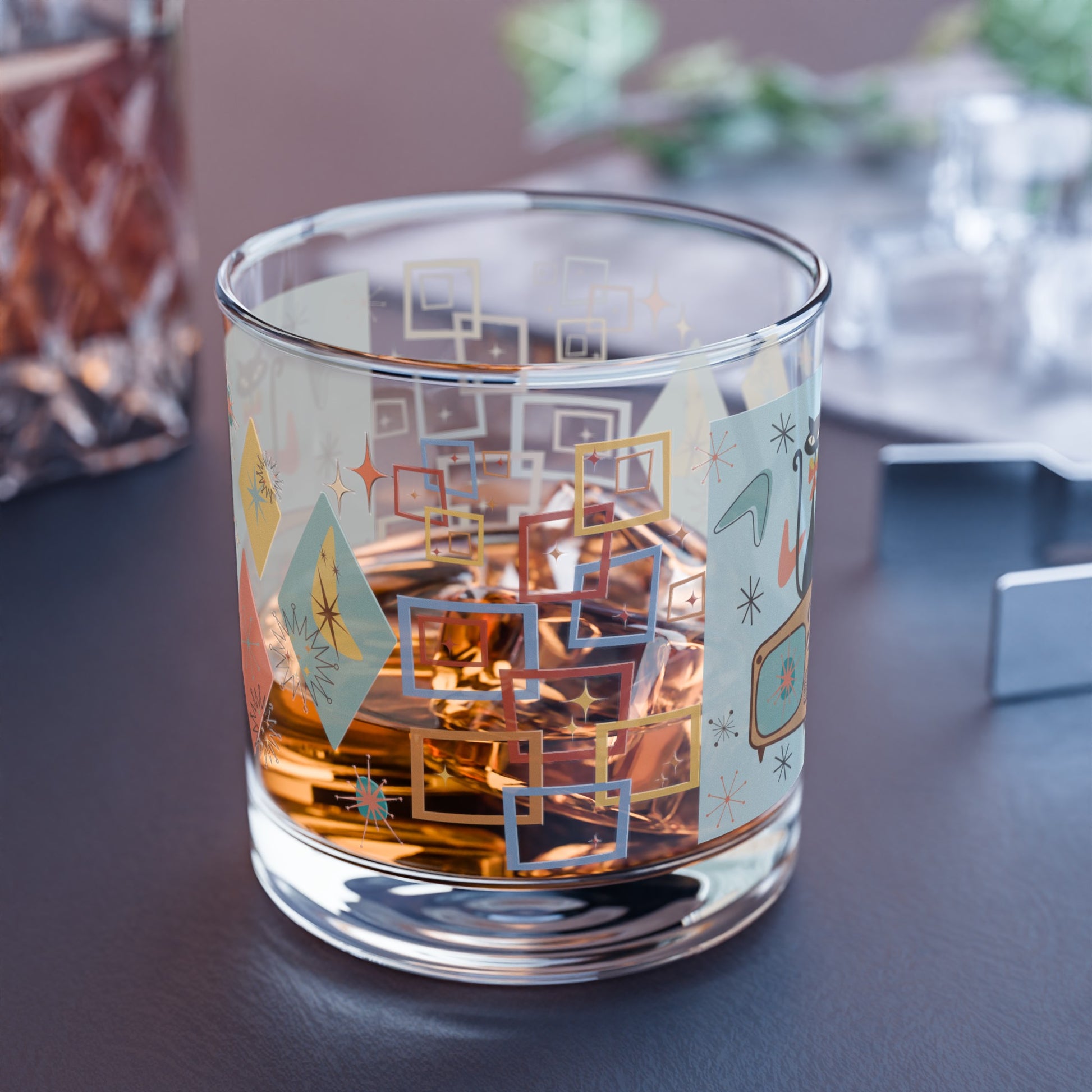 Rocks Glass, 10oz Atomic Cat Mid-Century Modern Retro Style for Cocktails, Mocktails, Beer, and Water Perfect for Every Occasion Mother's Day - MRSBYVALLE