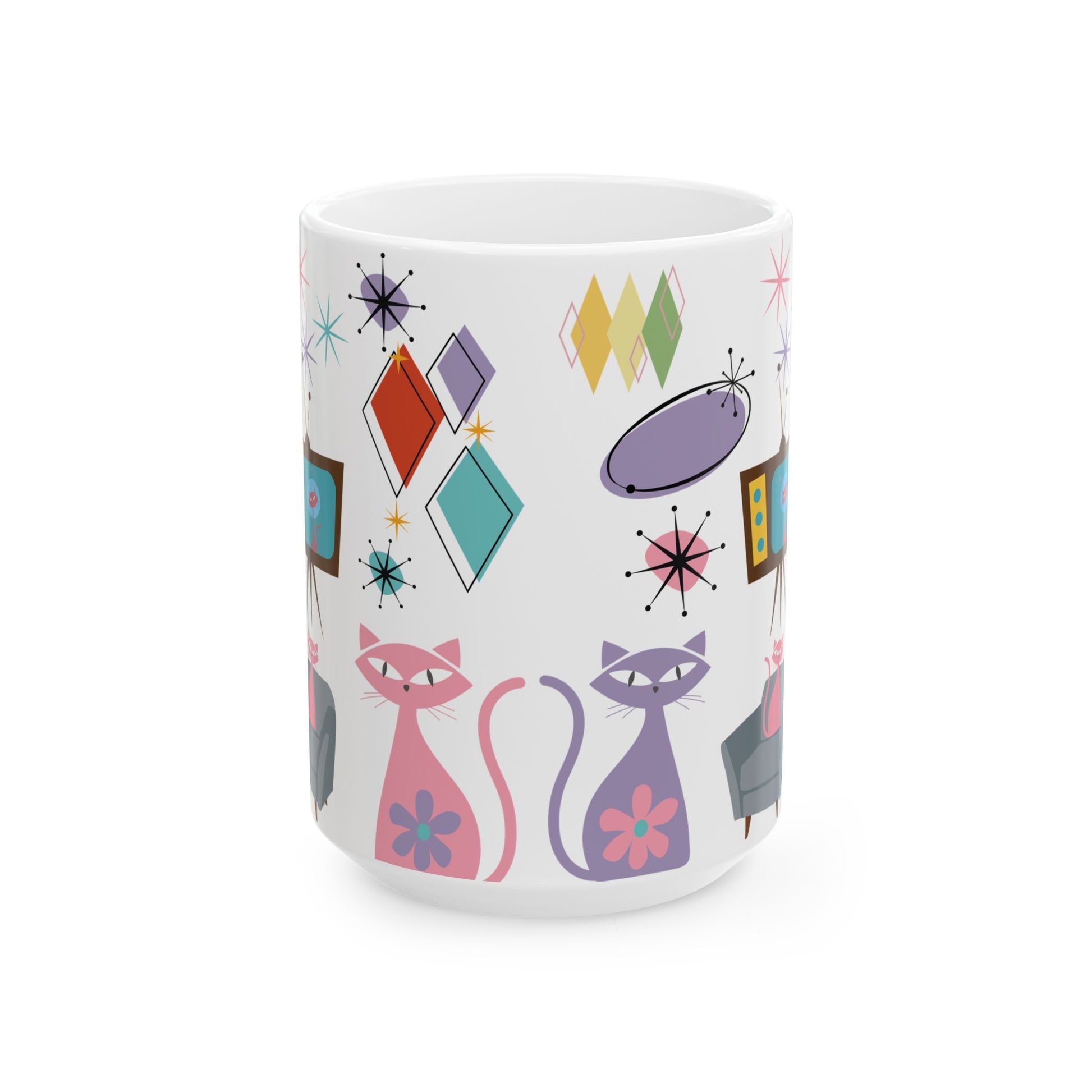 Retro Atomic Cat Mug,  Mid Century Modern Coffee Cup, Vintage Kitty Design , 11oz & 15oz Ceramic Mug for Cat Lovers Gift for Mom and Coffee Lover