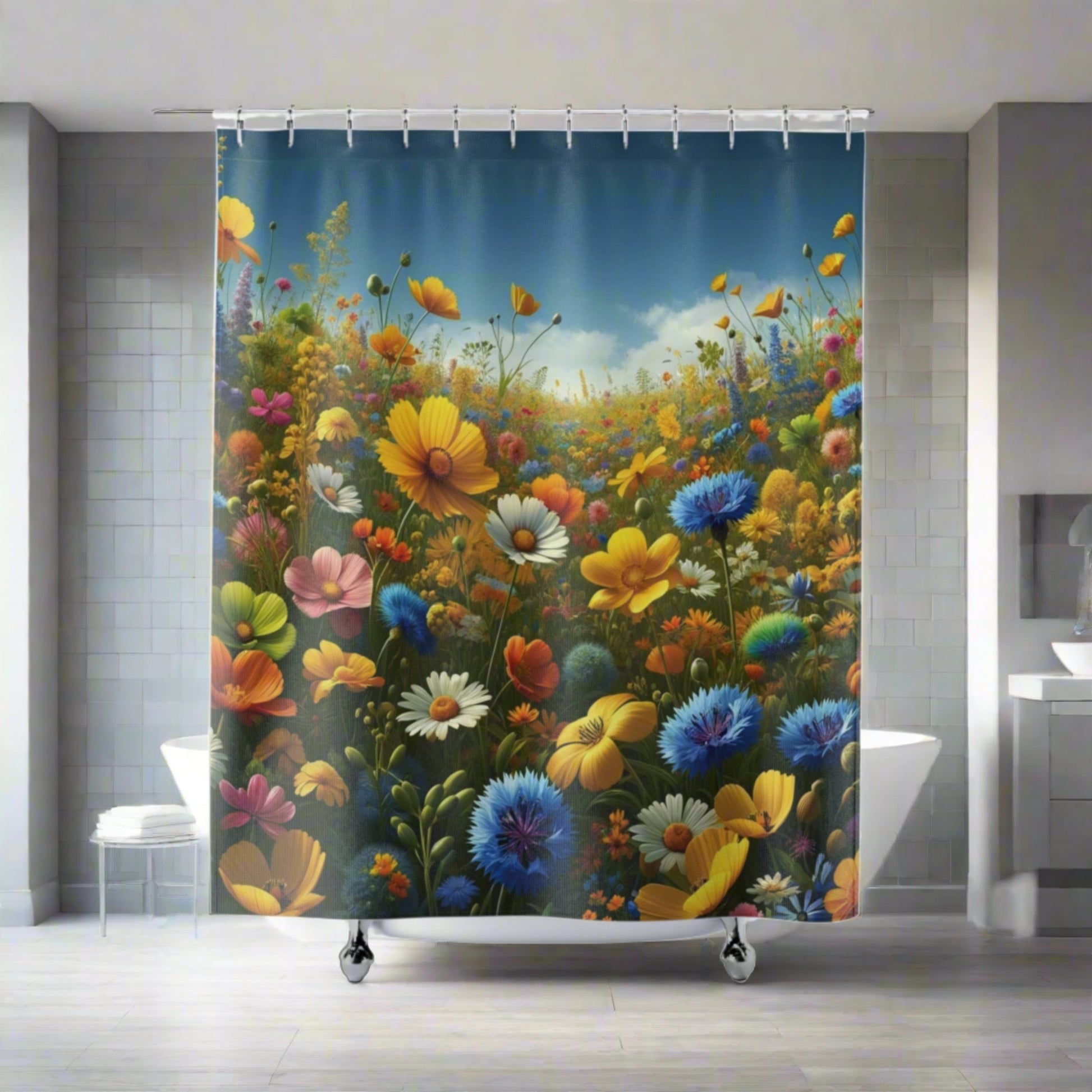 Yellow and Blues Vibrant Wildflower Shower Curtain - Enhance Your Bathroom Decor with Elegant Floral Design | Premium Quality, Waterproof, and Durable for a Fresh, Stylish LookWedding Gift for Mom Bridal Shower Gift Newlywed - MRSBYVALLE