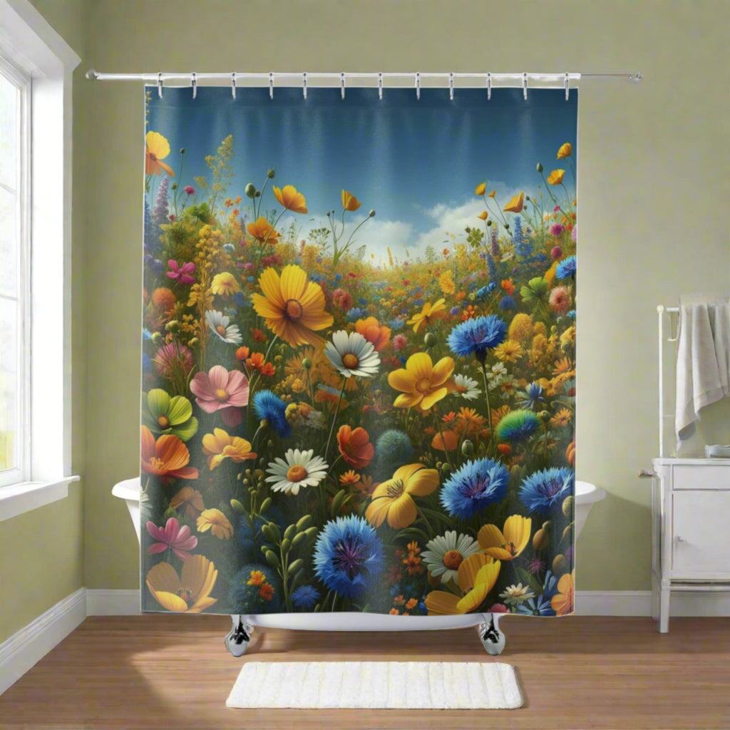 Yellow and Blues Vibrant Wildflower Shower Curtain - Enhance Your Bathroom Decor with Elegant Floral Design | Premium Quality, Waterproof, and Durable for a Fresh, Stylish LookWedding Gift for Mom Bridal Shower Gift Newlywed - MRSBYVALLE