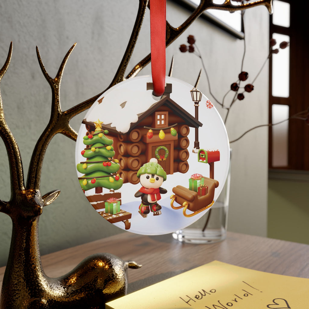 3D Illusion Christmas Penguin Ornament Cute Winter Penguin by Snow Cabin Scene, Acrylic Holiday Keepsake, Festive Tree Decoration 2.90Gift for Family