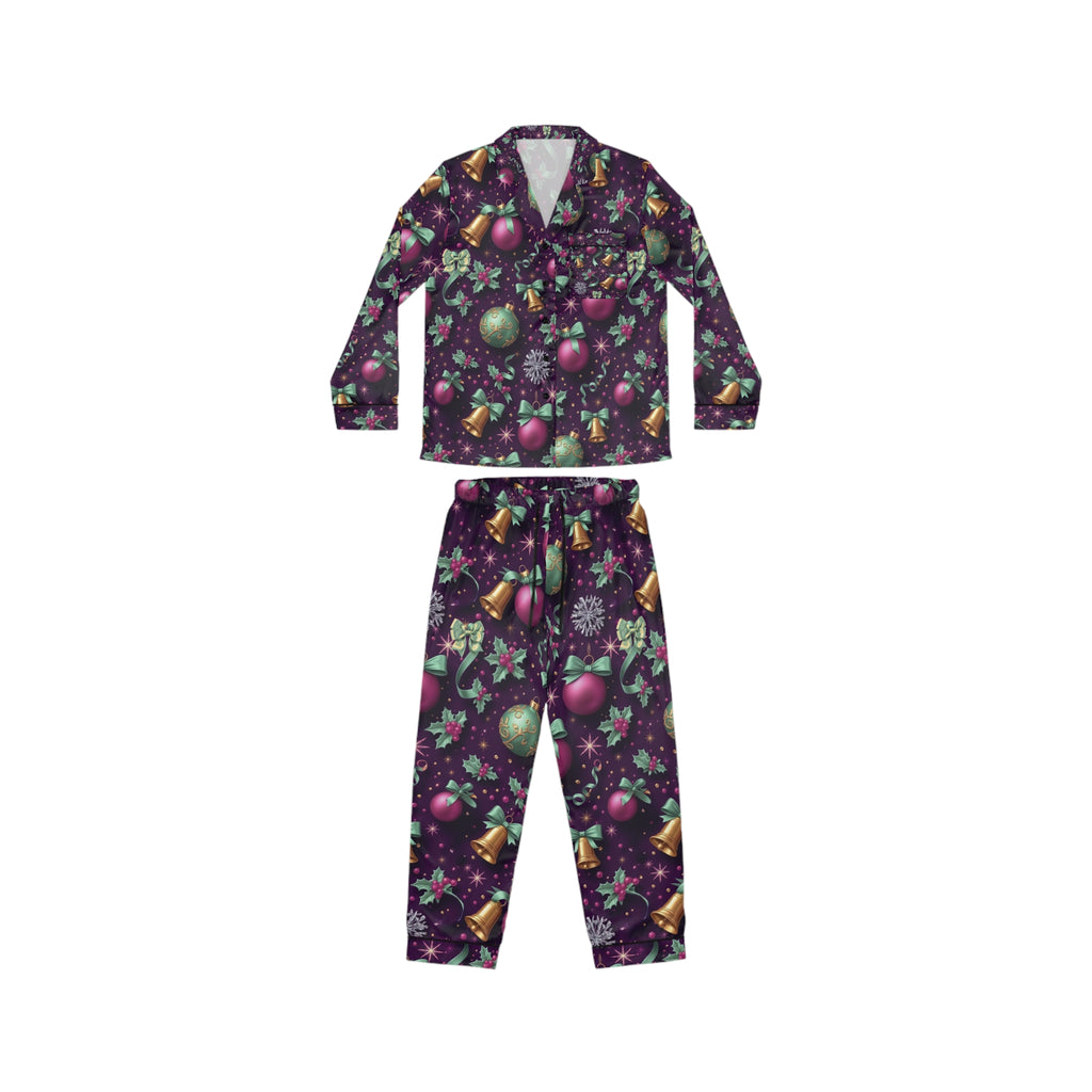 Women's Holiday Satin Pajamas, Cozy Sleepwear, Festive Loungewear, Christmas Gift, All-Over Print PJs, Christmas Morning Outfit