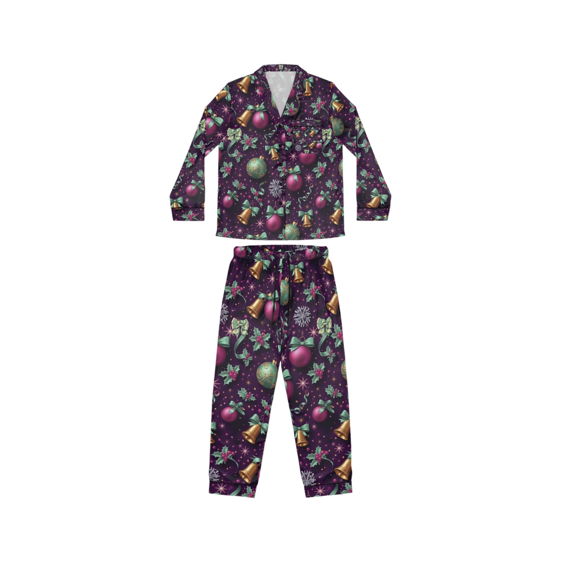 Women's Holiday Satin Pajamas, Cozy Sleepwear, Festive Loungewear, Christmas Gift, All-Over Print PJs, Christmas Morning Outfit