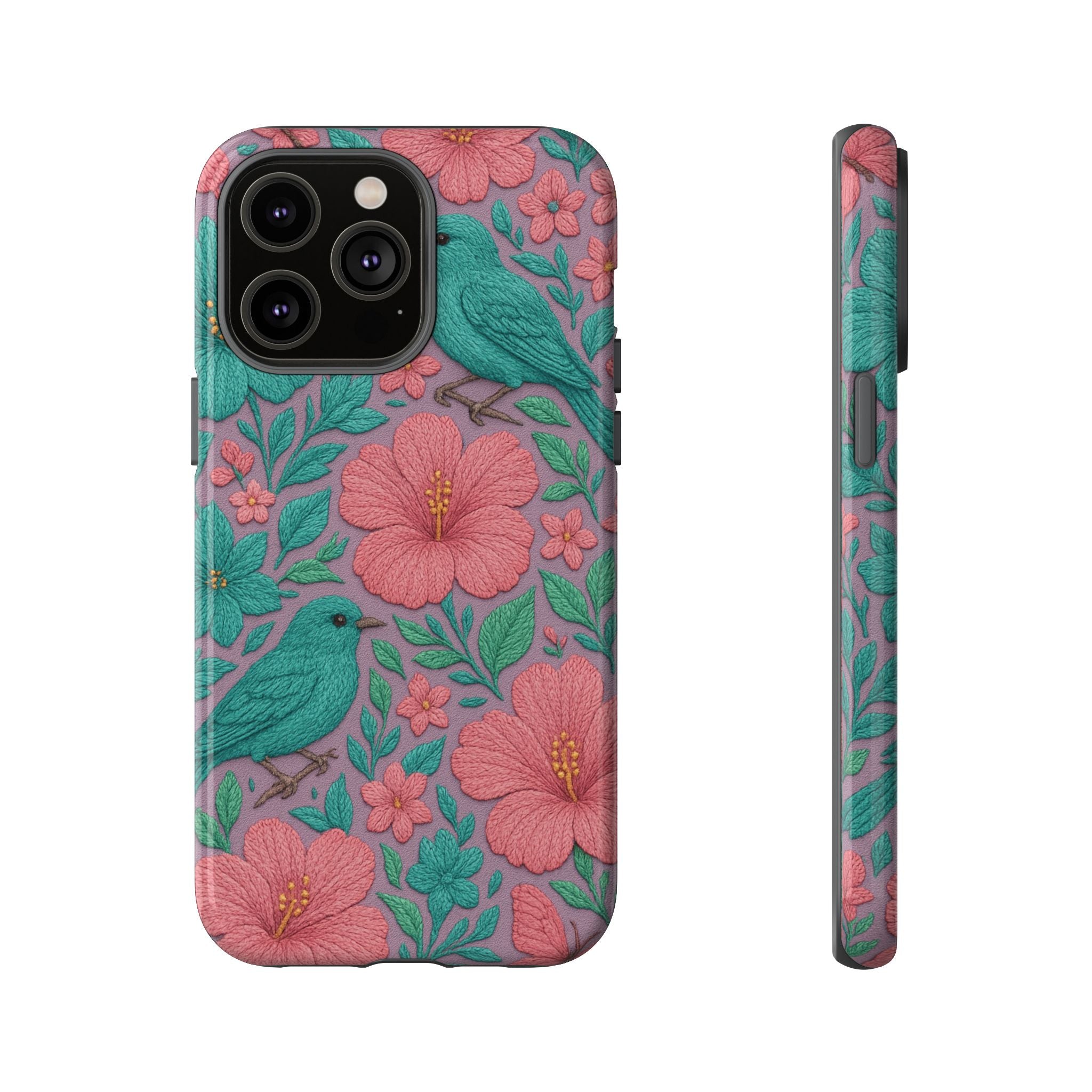 Turquoise, Pink and Lavender 3D Embroidery Illusion Phone Case Tropical Flowers, Birds & Butterflies Cover with Bold, Realistic Floral Texture iPhone, Samsung