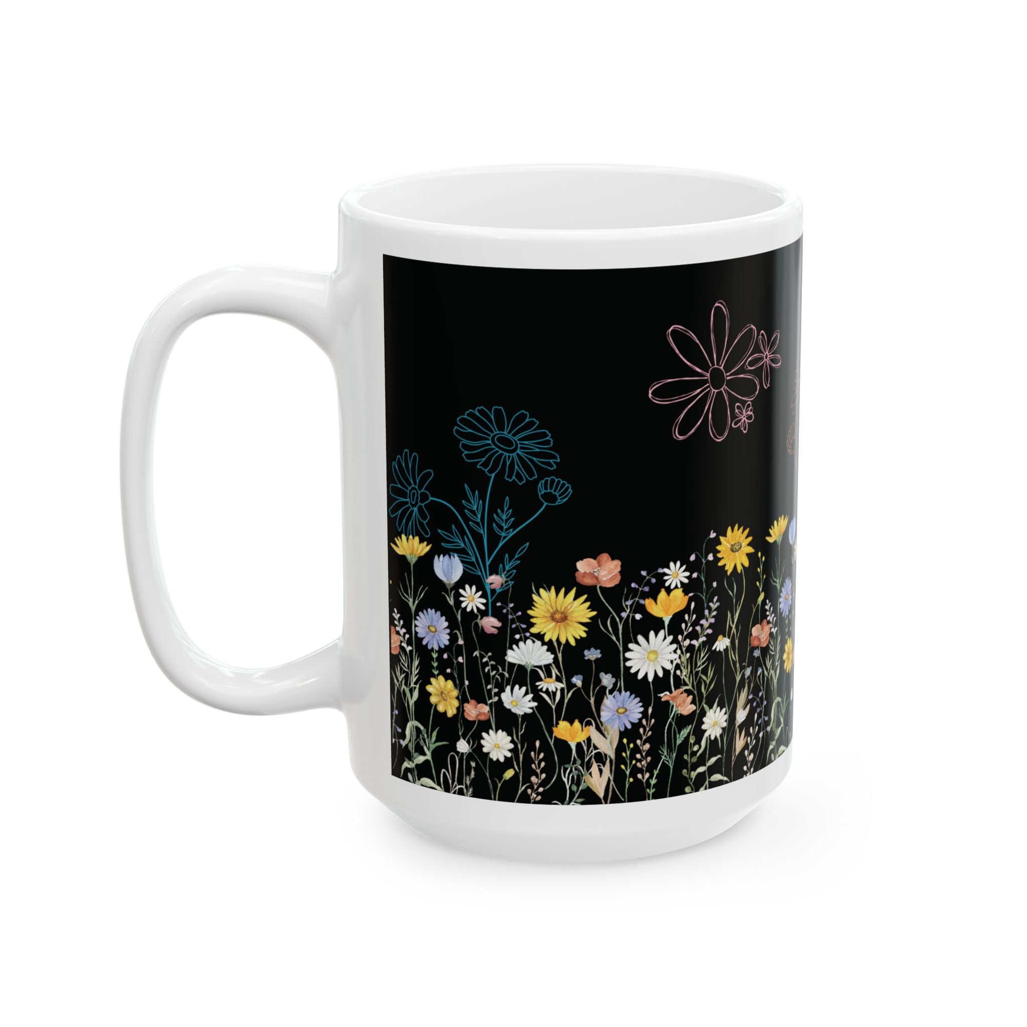 Tasse à café motif fleurs sauvages – 325 ml et 445 ml | Noire avec fleurs sauvages colorées, Tasse florale esthétique, Cadeau inspiré de la nature, Tasse compatible lave-vaisselle et micro-ondes pour maman