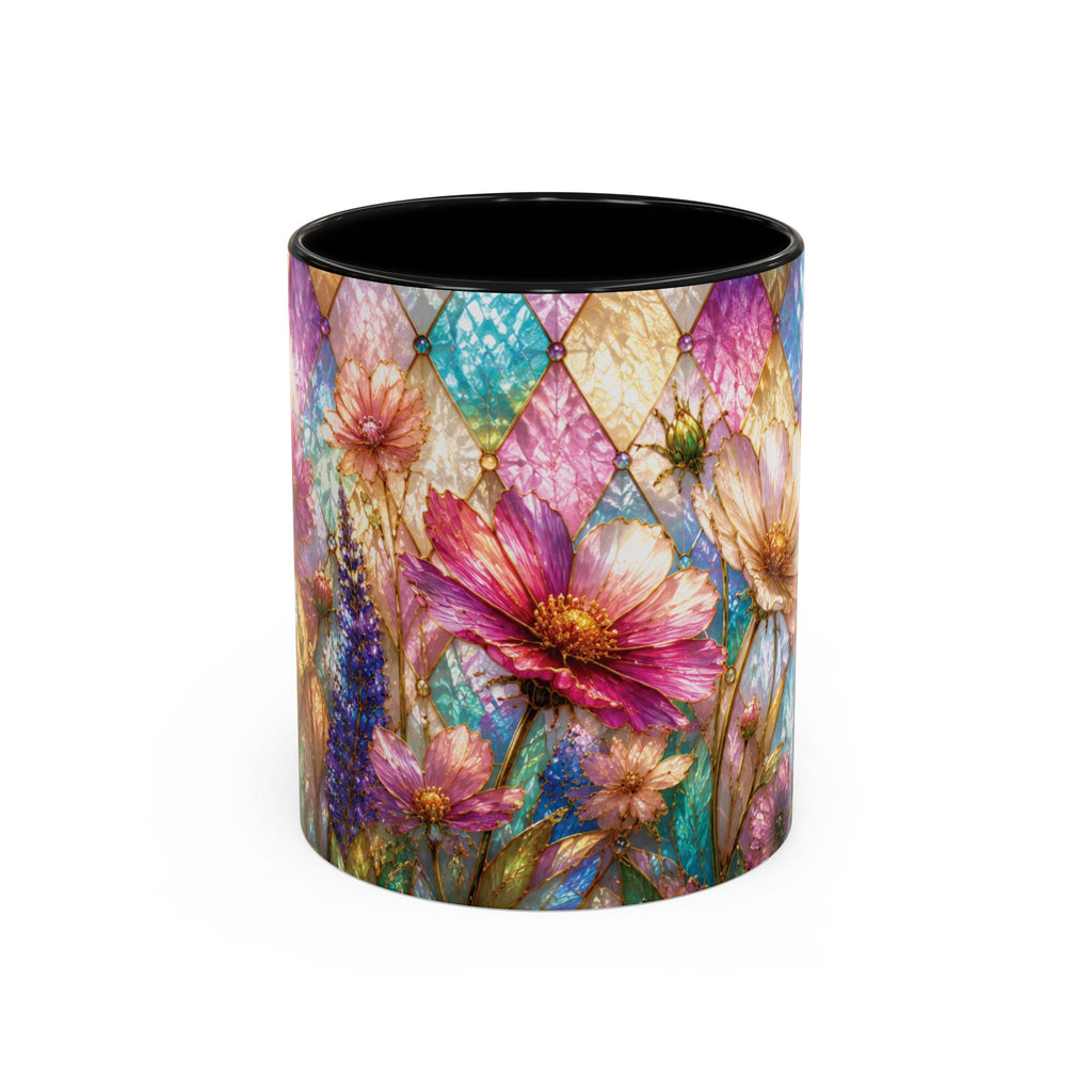 Floral Mosaic Accent Coffee Mug — Colorful Garden Flowers 11/15oz Stain Glass Illusion