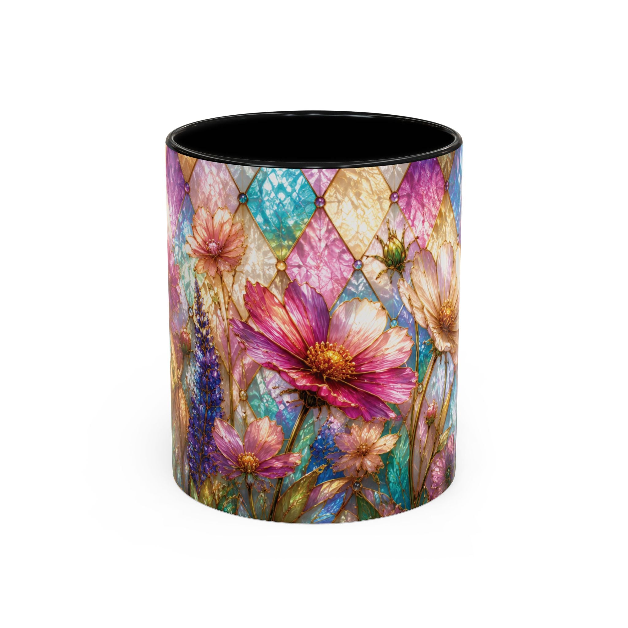 Floral Mosaic Accent Coffee Mug — Colorful Garden Flowers 11/15oz Stain Glass Illusion