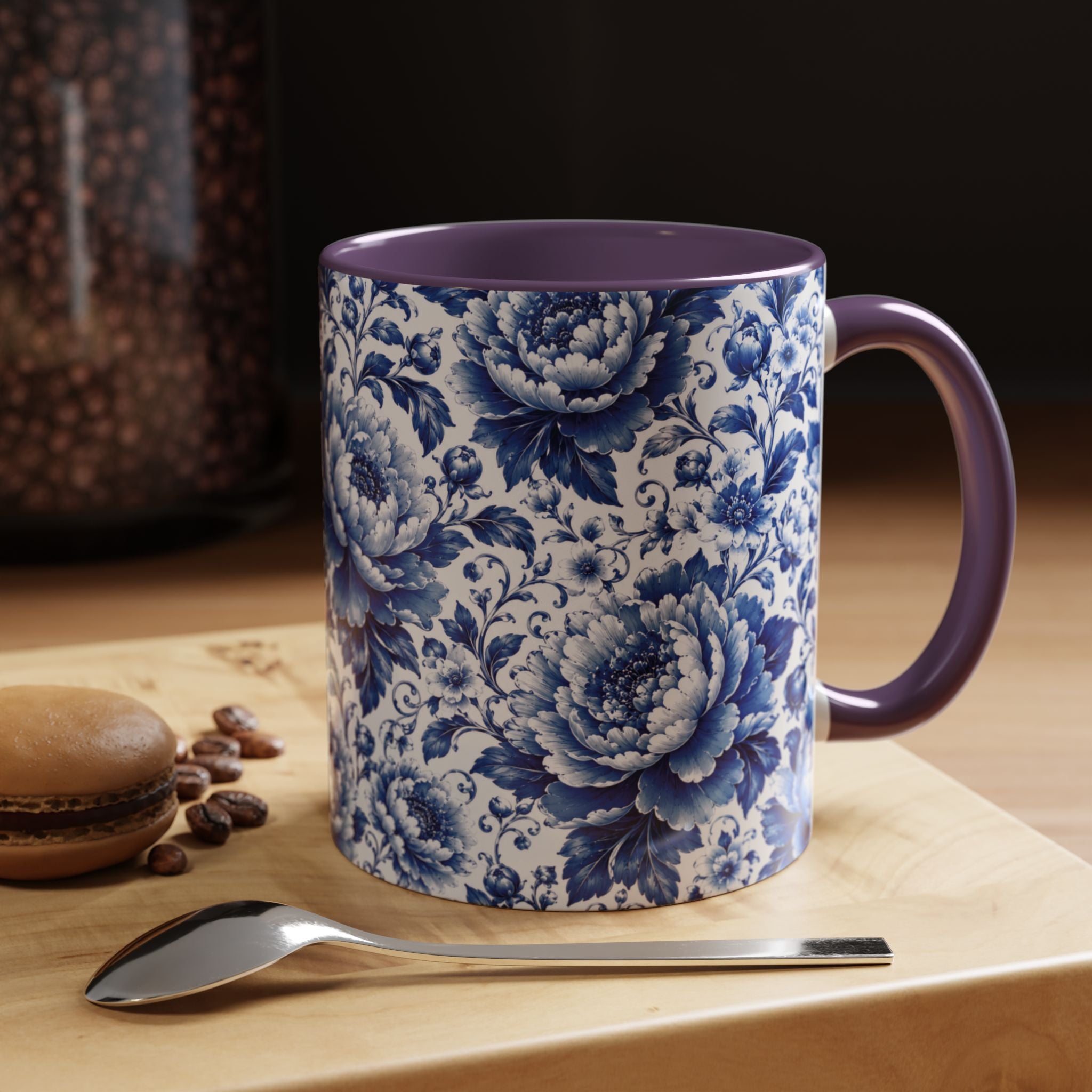 Blue Floral Ceramic Coffee Mug — Vintage Delft Peony Accent (11oz & 15oz) Blue & White Chinoiserie Tea Mug