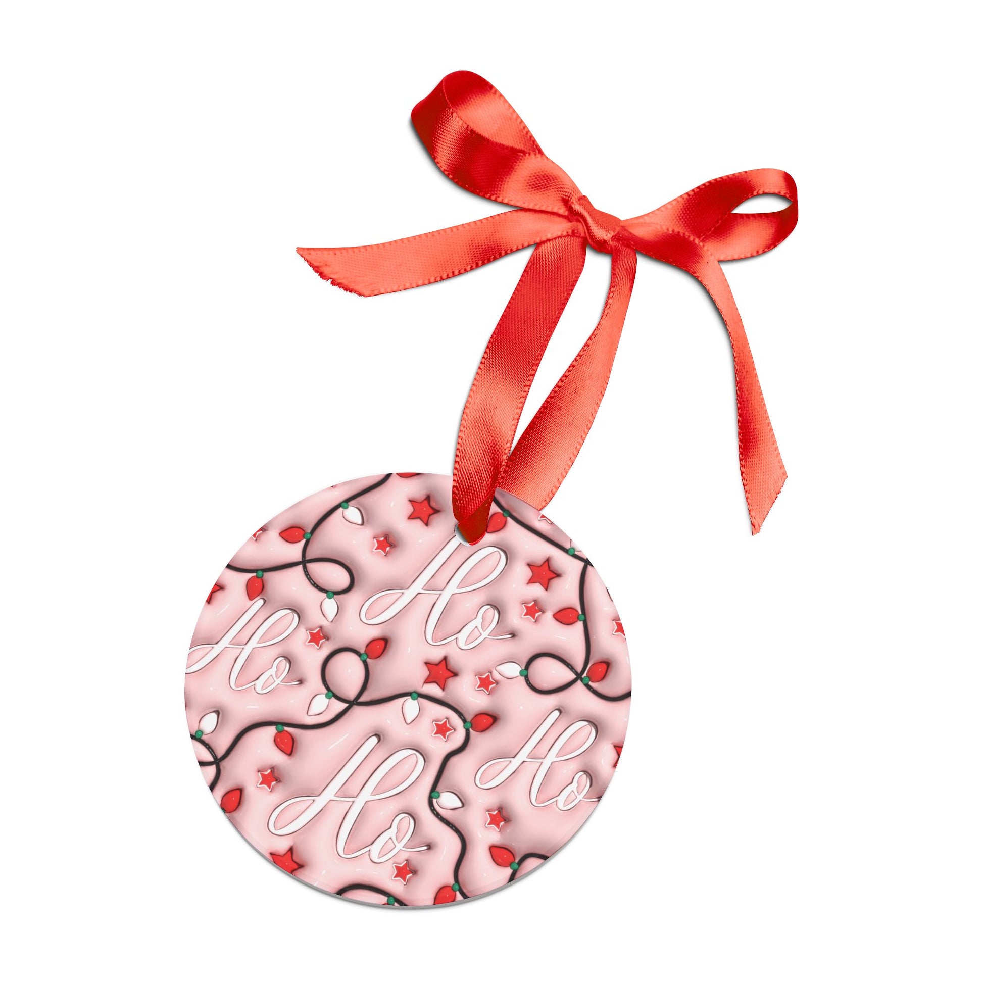 Pink 3D 'Ho Ho Ho' Illusion Ornament with Red Ribbon Festive Holiday Decor, Glossy Finish, 2.9x2.9 Inches, Unique Christmas Tree Accent Gift for Family - MRSBYVALLE