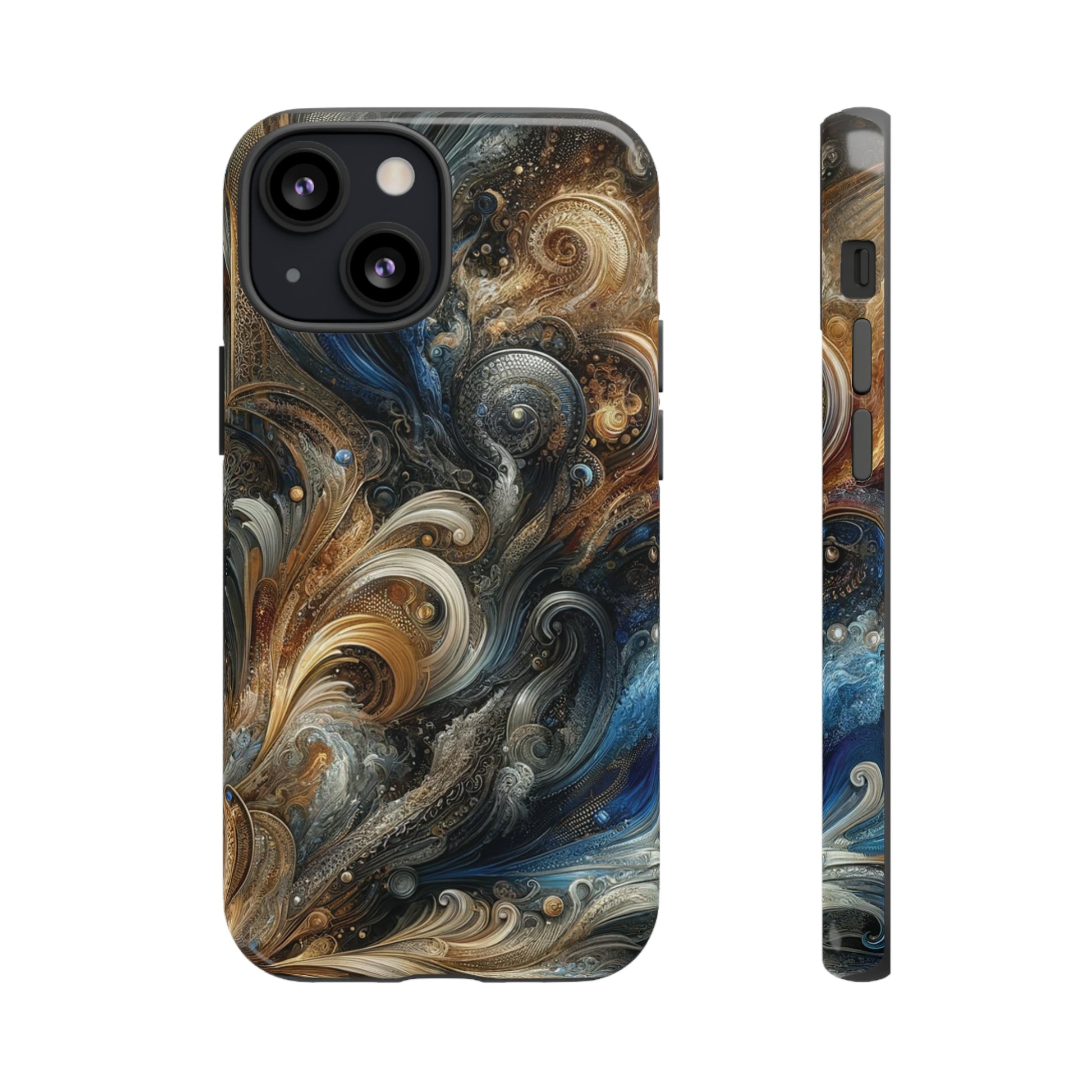 Gold and Navy Art Design Luxury Phone Tough Case Floral Elegant Durable Stylish for Modern Devices iPhone 15, Samsung iPhone Samsung Accessory Gift for Her.