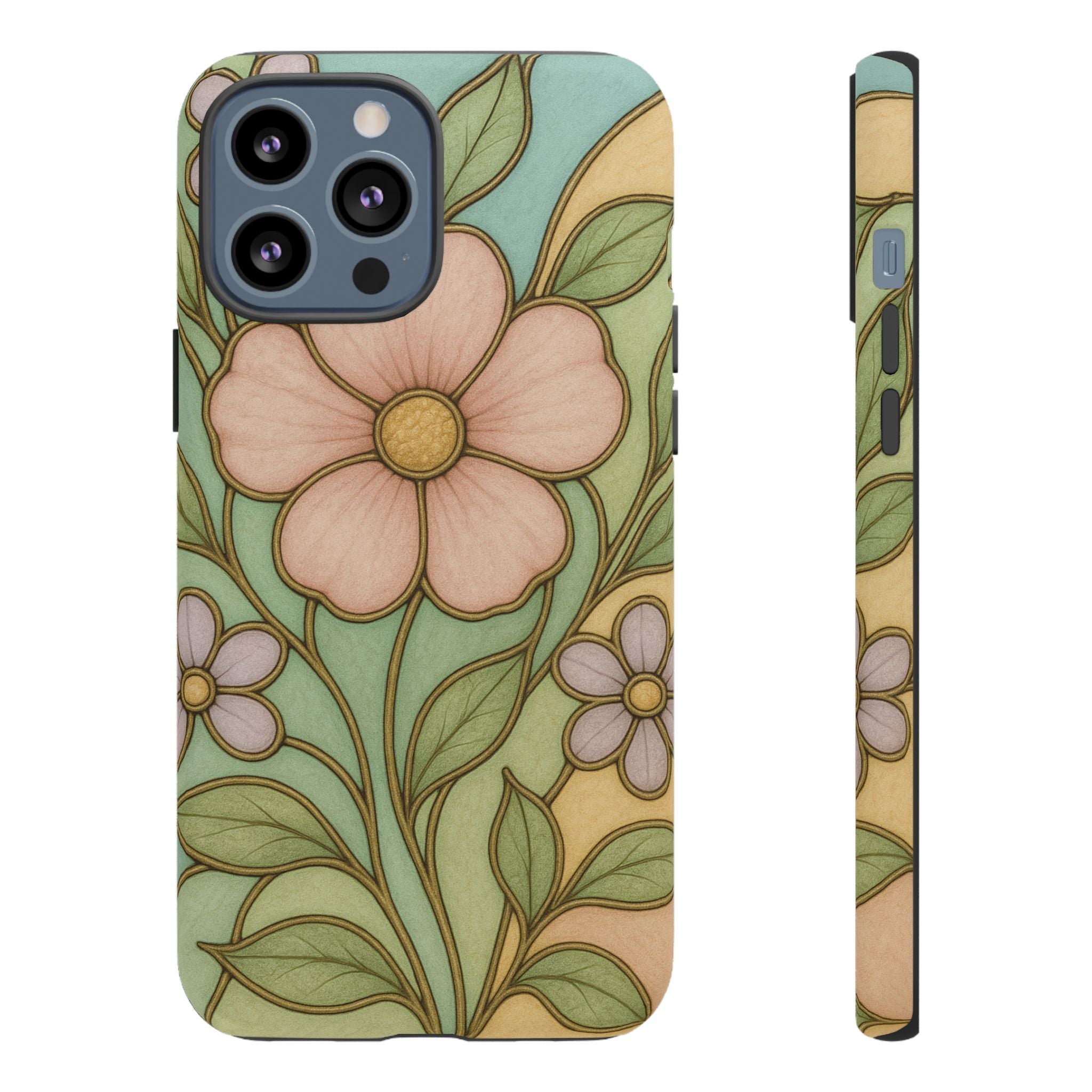 Pastel Pink, Yellow Stain Glass Illusion Floral Phone Case  Romantic Cottagecore Aesthetic, Soft Botanical Design, Protective Gift for Her, Fits iPhone & Samsung Models