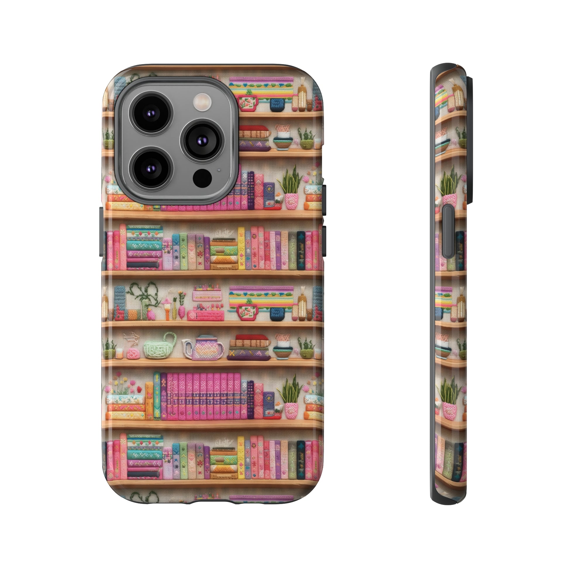 Phone Case 3D Illusion Books & Shelf Embroidery Design with Vibrant Colors Gift for Her Phone 15, Samsung iPhone Samsung Gift for Her Case iPhone 15, Samsung iPhone Samsung Accessory Gift for Her.