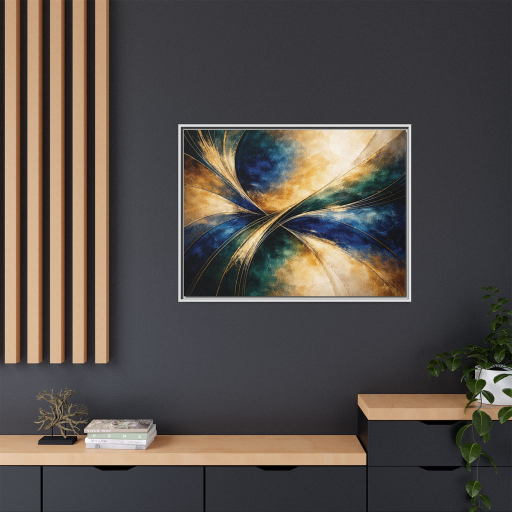 Gilded Convergence  Luxe NeoDeco Blue & Gold Abstract Wall Art Framed