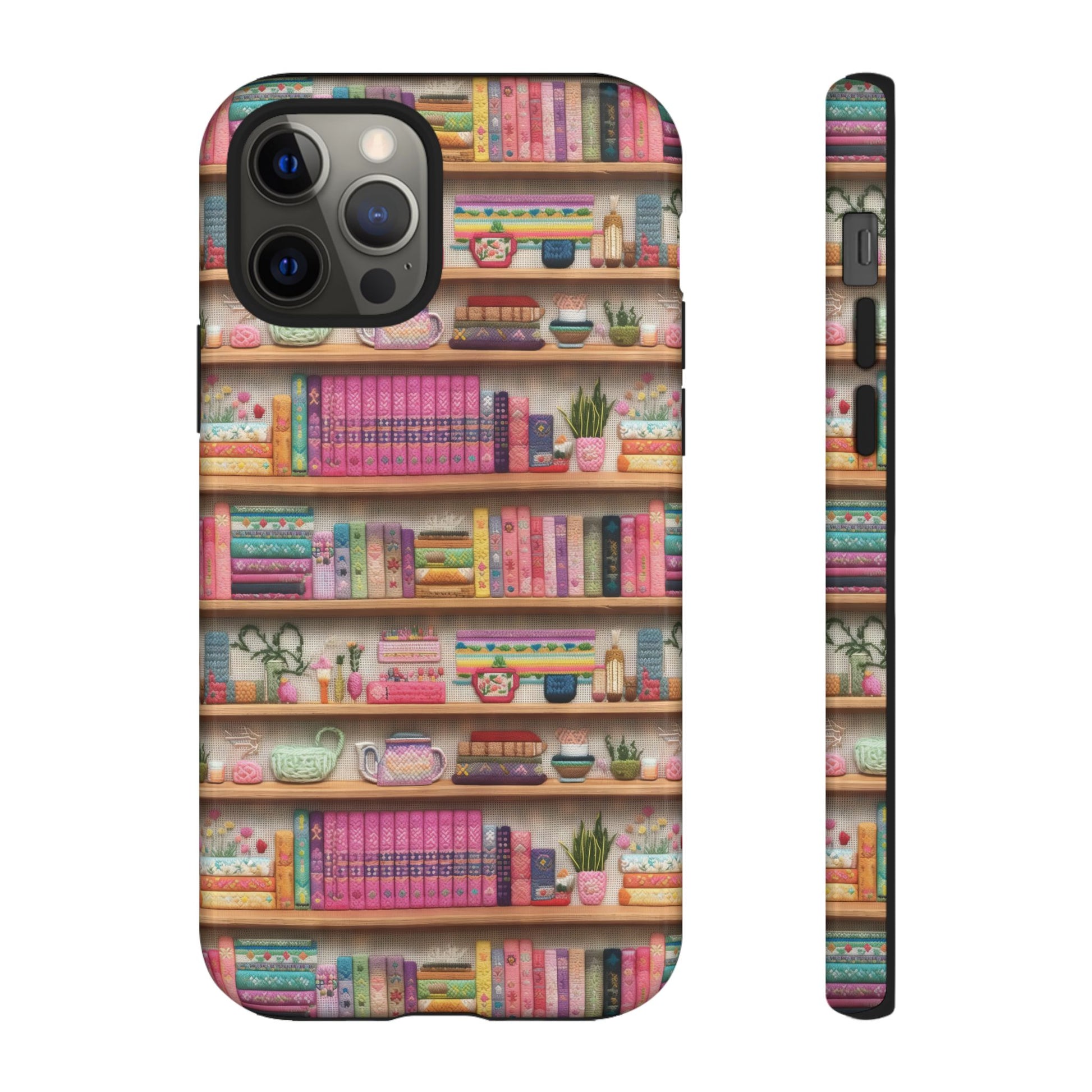 Whimsical 3D Embroidery Illusion Books on Pastel Shelves Phone Case for iPhone, Samsung & Pixel: Unique Accessory for Literary Enthusiasts Gift for Her Perfect for Floral Lover