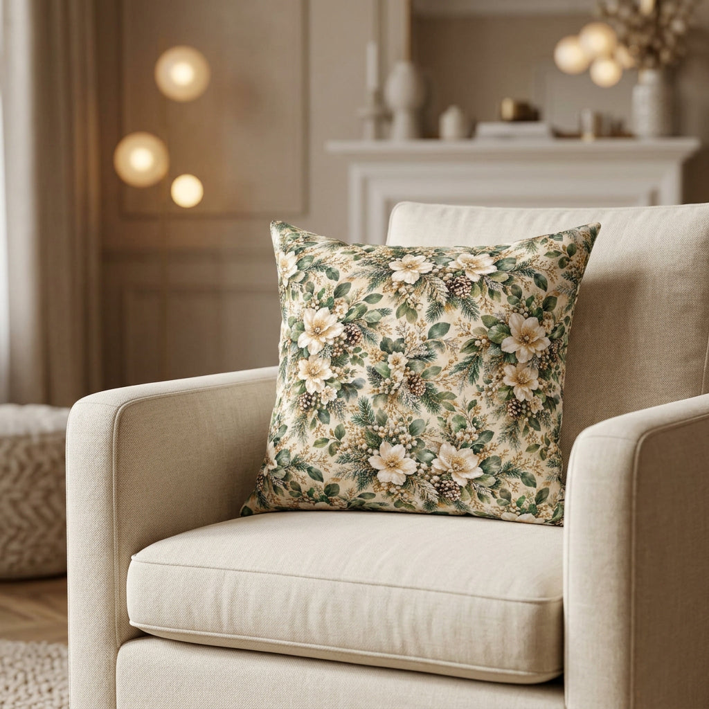 A square decorative throw pillow featuring a vintage-style floral and botanical print with white flowers, green leaves, and small berries on a warm beige background, shown against a plain white studio backdrop.