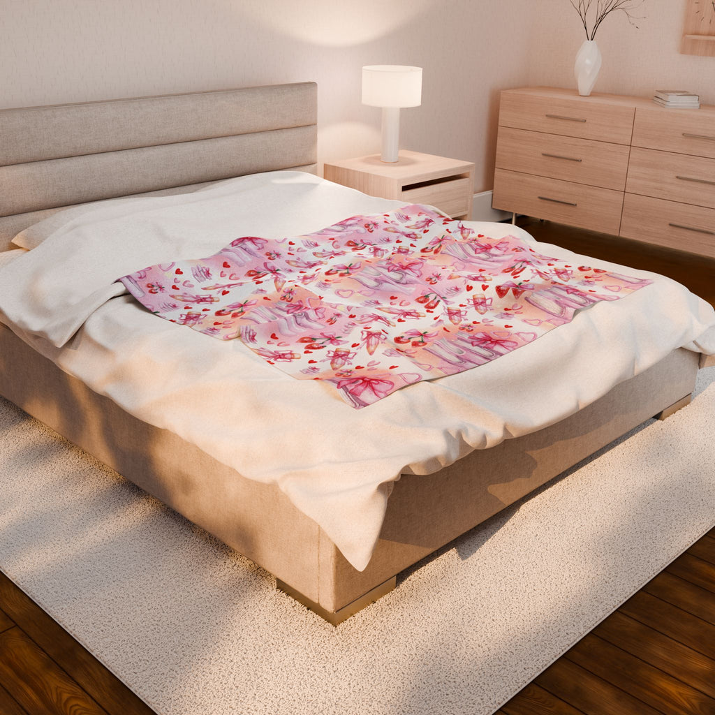Romantic Pink Watercolor Books Bows Velveteen Plush Blanket Cozy Book Nook