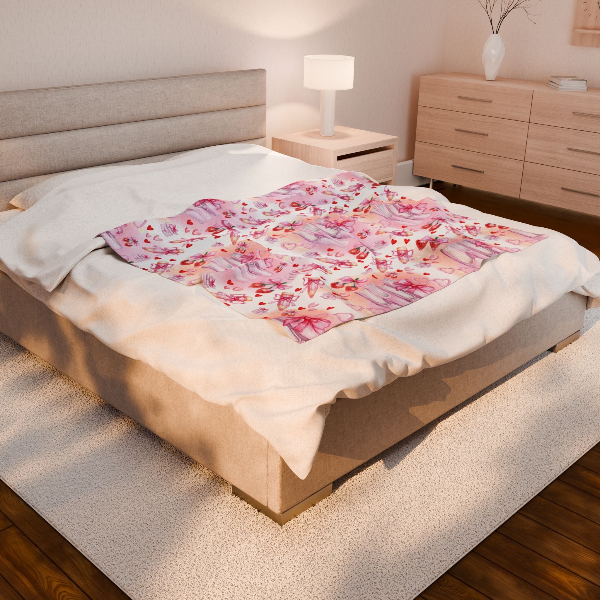 Romantic Pink Watercolor Books Bows Velveteen Plush Blanket Cozy Book Nook