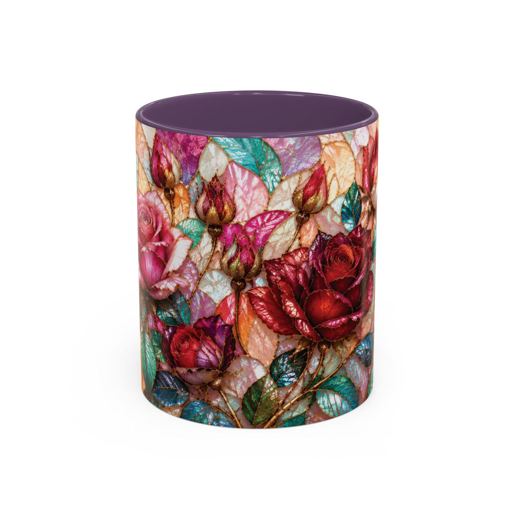 Floral Stained-Glass Accent Coffee Mug Colorful Rose Pattern
