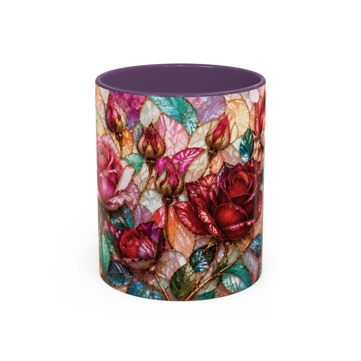 Floral Stained-Glass Accent Coffee Mug Colorful Rose Pattern