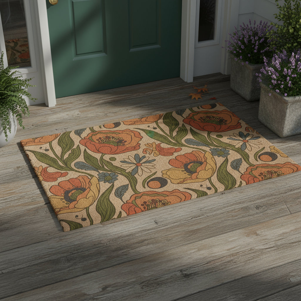 Floral patterned doormat with orange, green, and blue flowers on a beige background