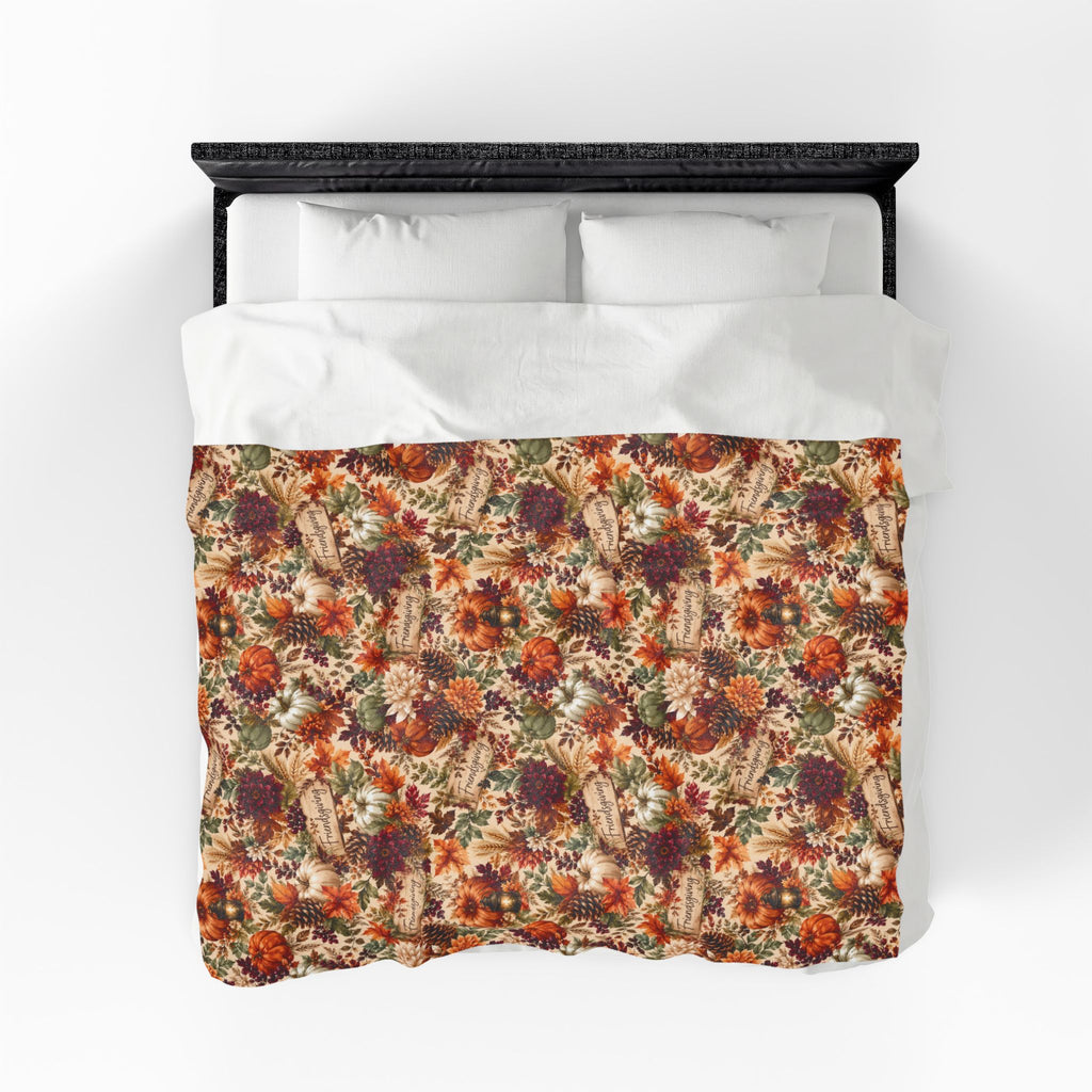 Autumn Harvest Floral Velveteen Plush Blanket | Fall Leaves Pumpkins Mum Pattern