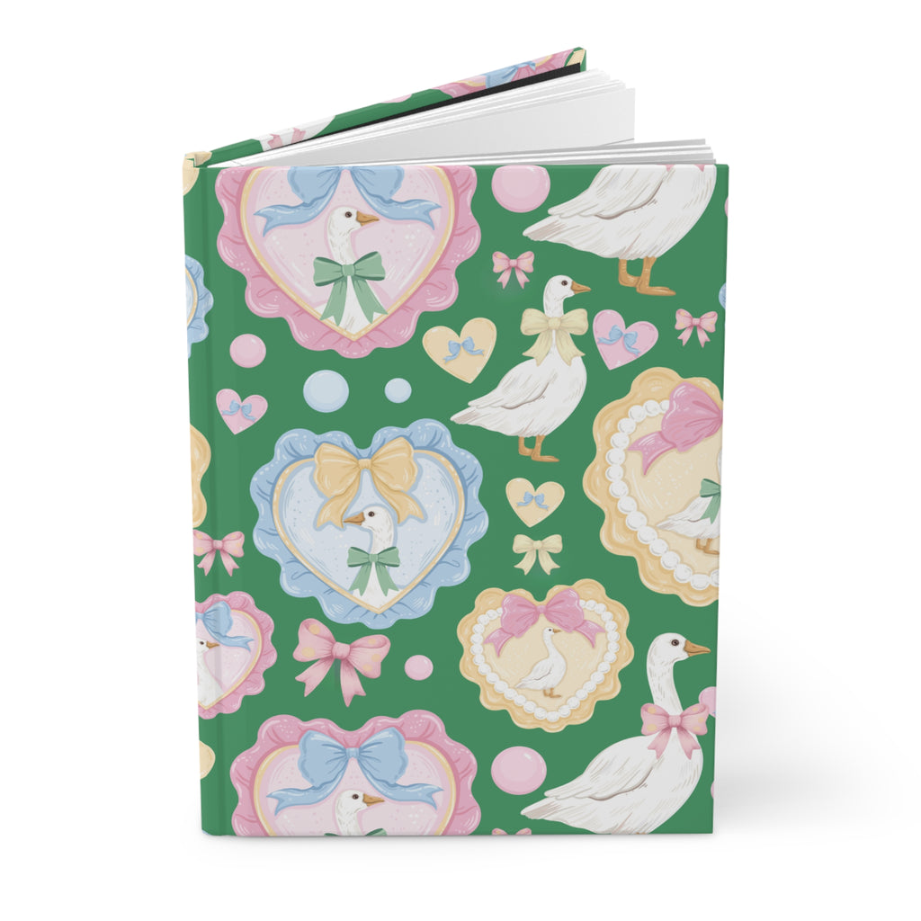 Silly Goose Green Hardcover Journal with Pastel Bows & Hearts  Whimsical Writing Notebook Perfect for Gift