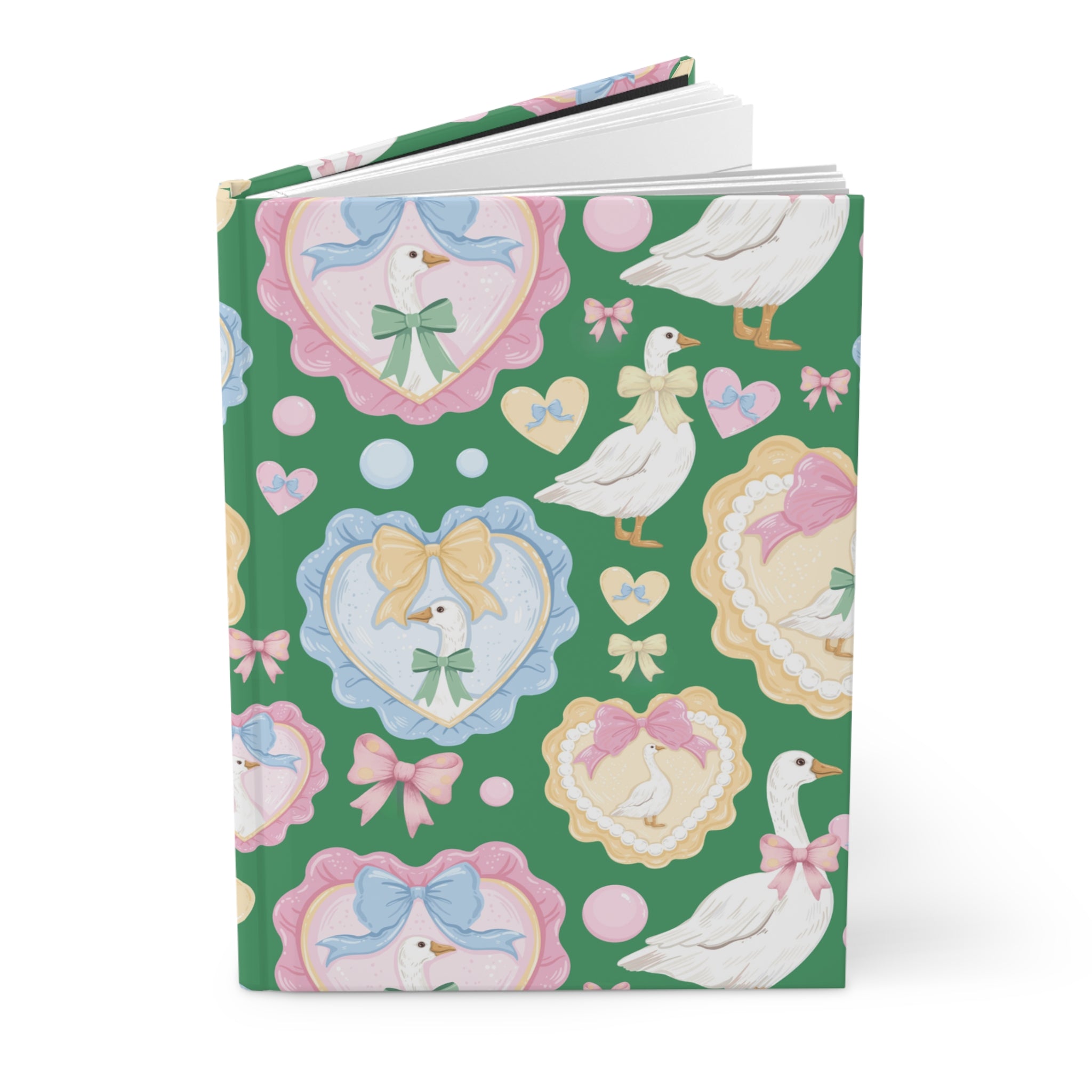 Silly Goose Green Hardcover Journal with Pastel Bows & Hearts  Whimsical Writing Notebook Perfect for Gift
