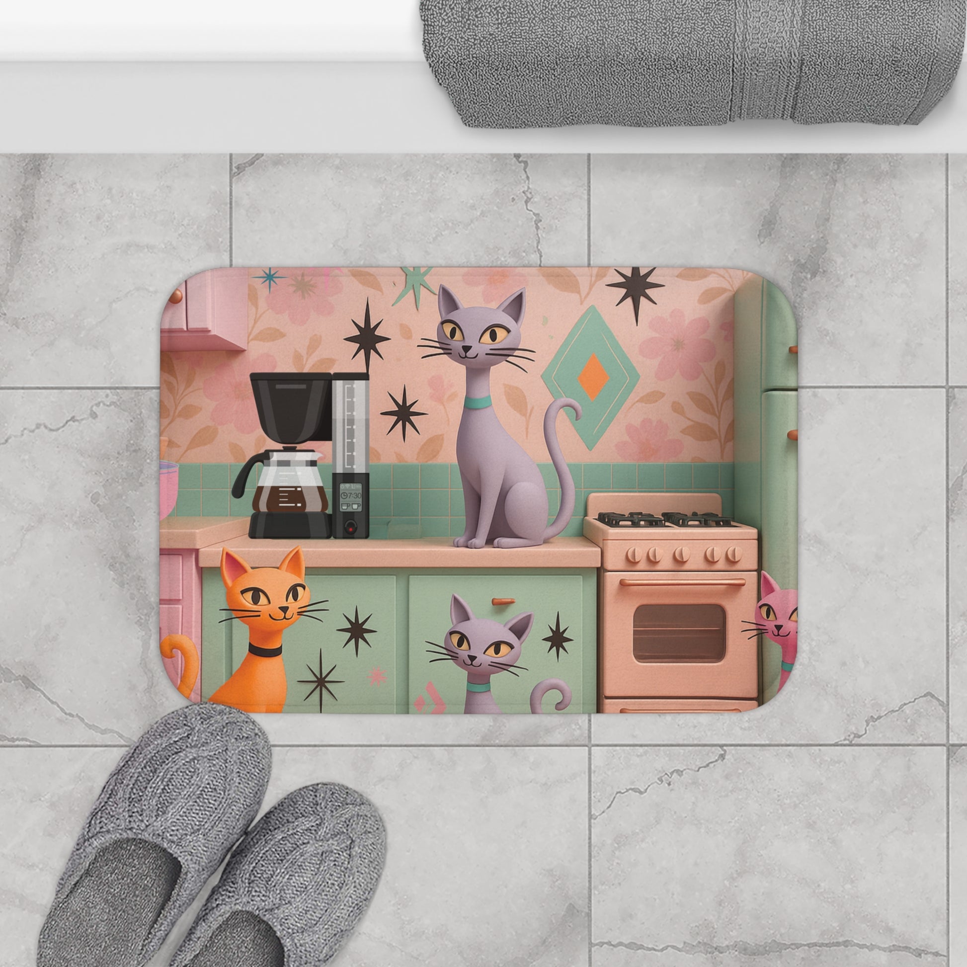 Atomic Cat Mid Century Modern Bath Mat | Retro 1950s Space Age Bathroom Decor | Funky Vintage Starburst Style for Cat Lovers & Retro HomesUpgrade Comfort Home