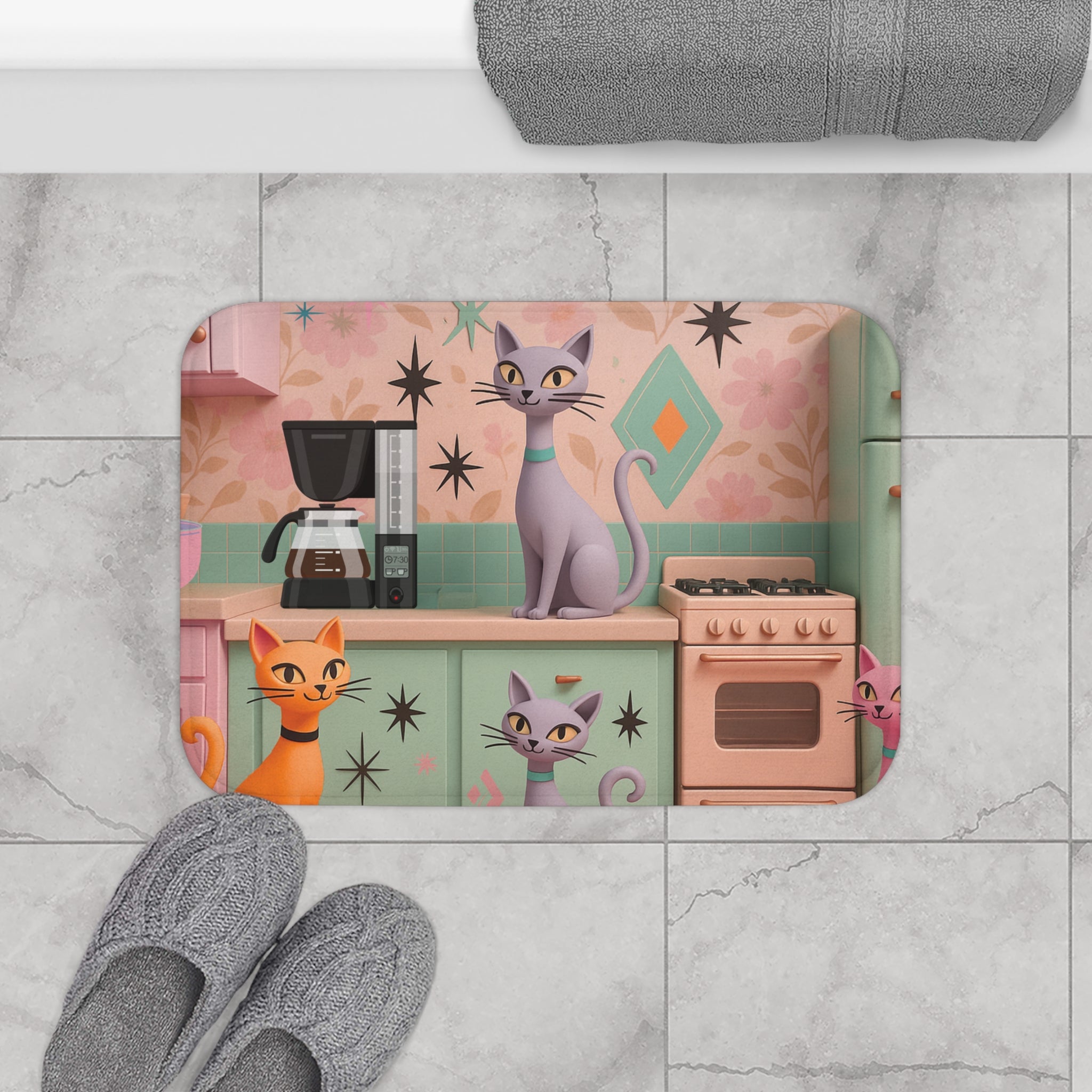 Atomic Cat Mid Century Modern Bath Mat | Retro 1950s Space Age Bathroom Decor | Funky Vintage Starburst Style for Cat Lovers & Retro HomesUpgrade Comfort Home