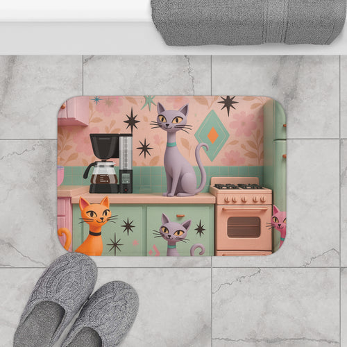 Atomic Cat Mid Century Modern Bath Mat | Retro 1950s Space Age Bathroom Decor | Funky Vintage Starburst Style for Cat Lovers & Retro HomesUpgrade Comfort Home