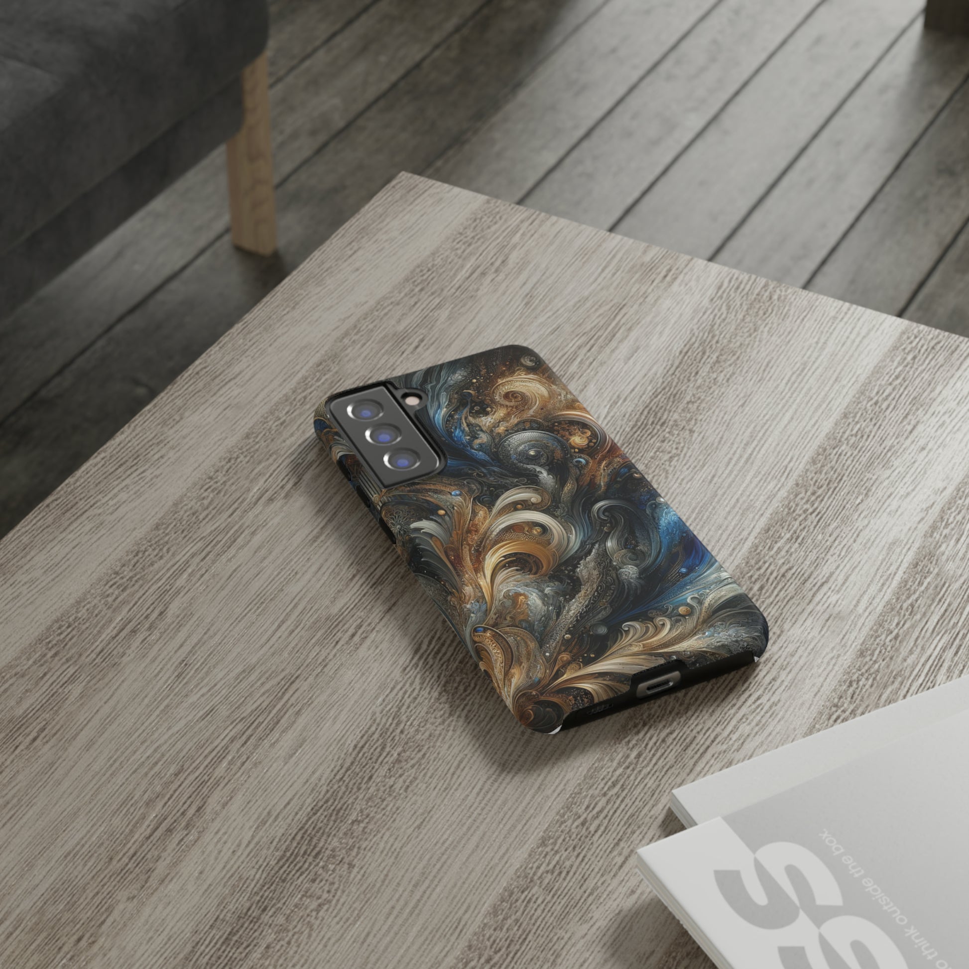 Gold and Navy Art Design Luxury Phone Tough Case Floral Elegant Durable Stylish for Modern Devices iPhone 15, Samsung iPhone Samsung Accessory Gift for Her.