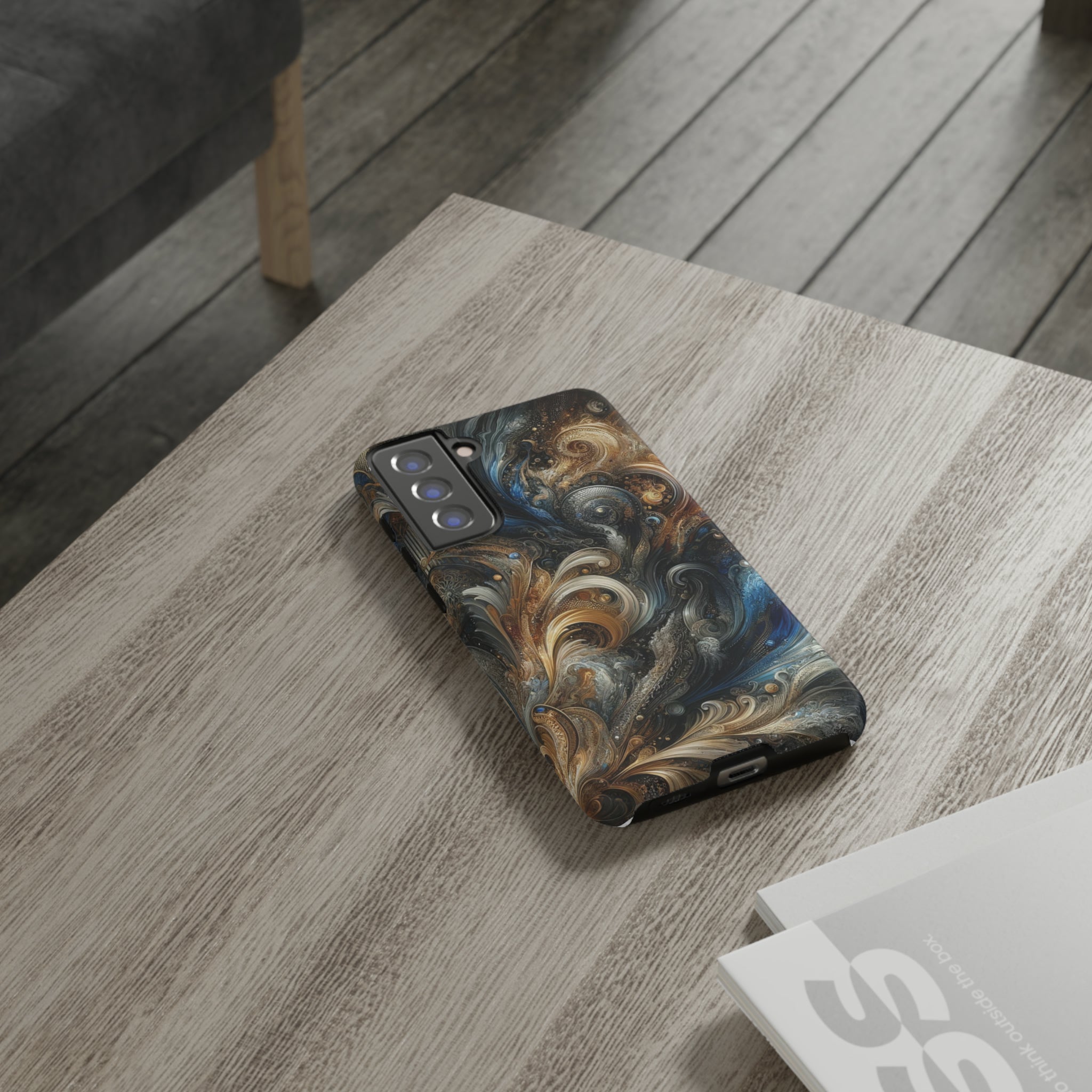 Gold and Navy Art Design Luxury Phone Tough Case Floral Elegant Durable Stylish for Modern Devices iPhone 15, Samsung iPhone Samsung Accessory Gift for Her.